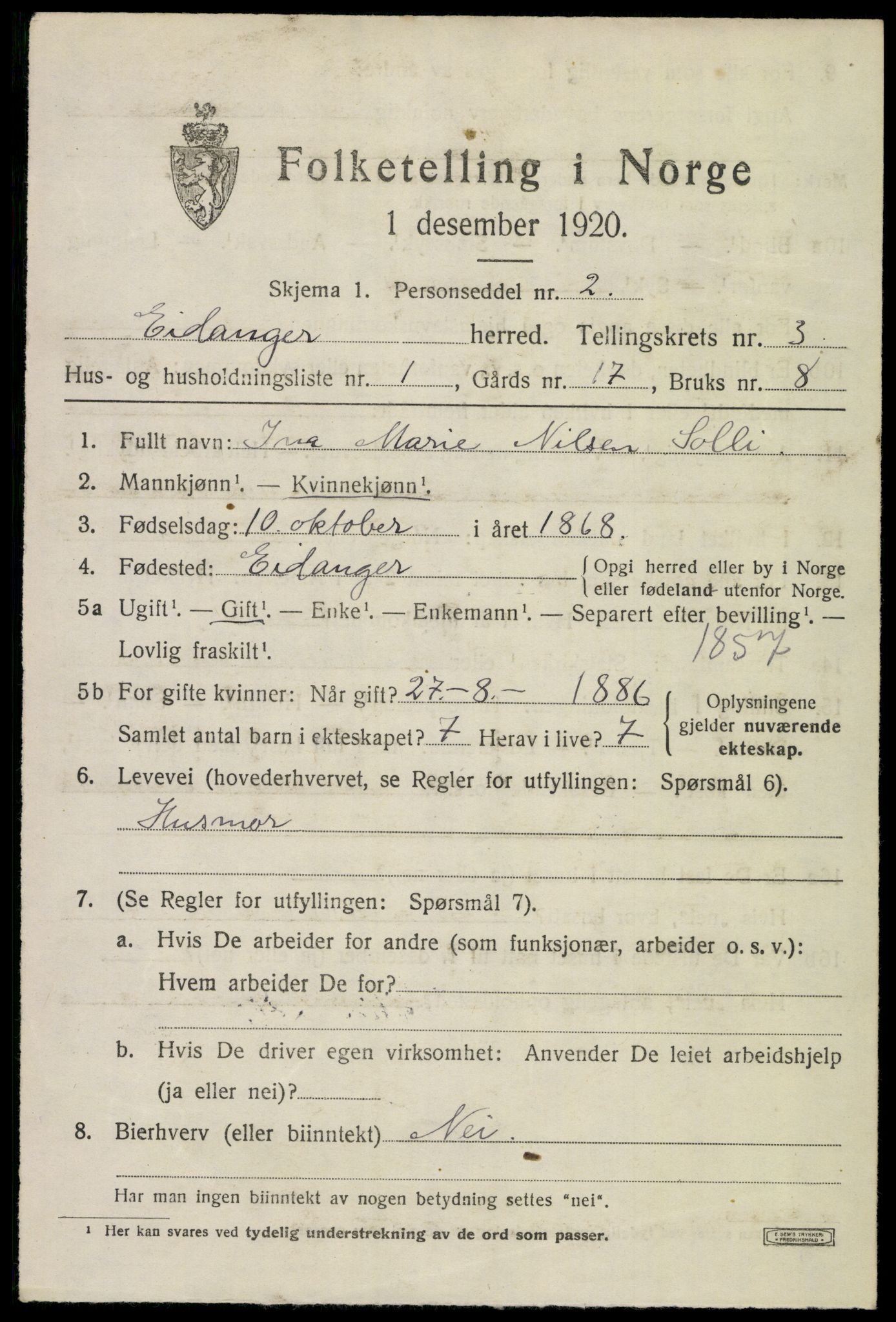 SAKO, 1920 census for Eidanger, 1920, p. 3360