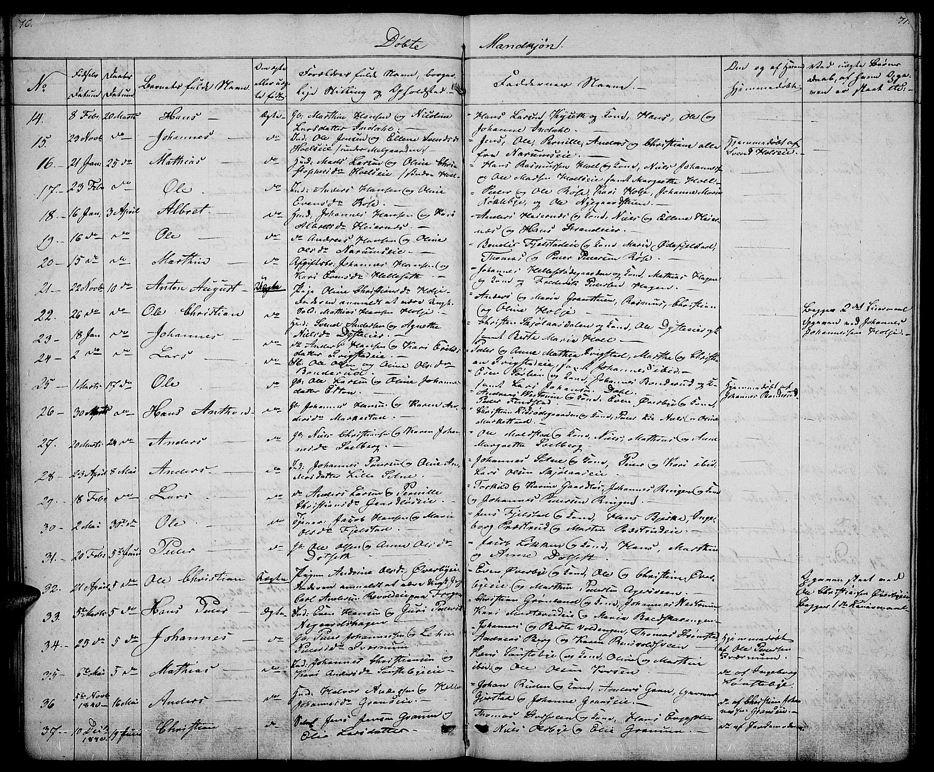 Vestre Toten prestekontor, AV/SAH-PREST-108/H/Ha/Hab/L0002: Parish register (copy) no. 2, 1836-1848, p. 70-71