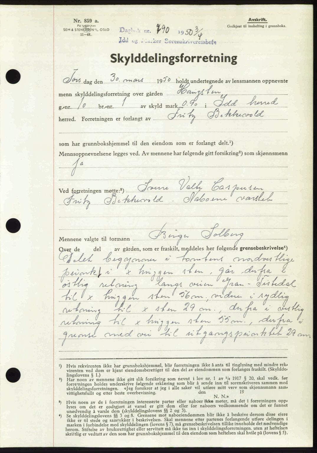 Idd og Marker sorenskriveri, AV/SAO-A-10283/G/Gb/Gbb/L0014: Mortgage book no. A14, 1950-1950, Diary no: : 790/1950