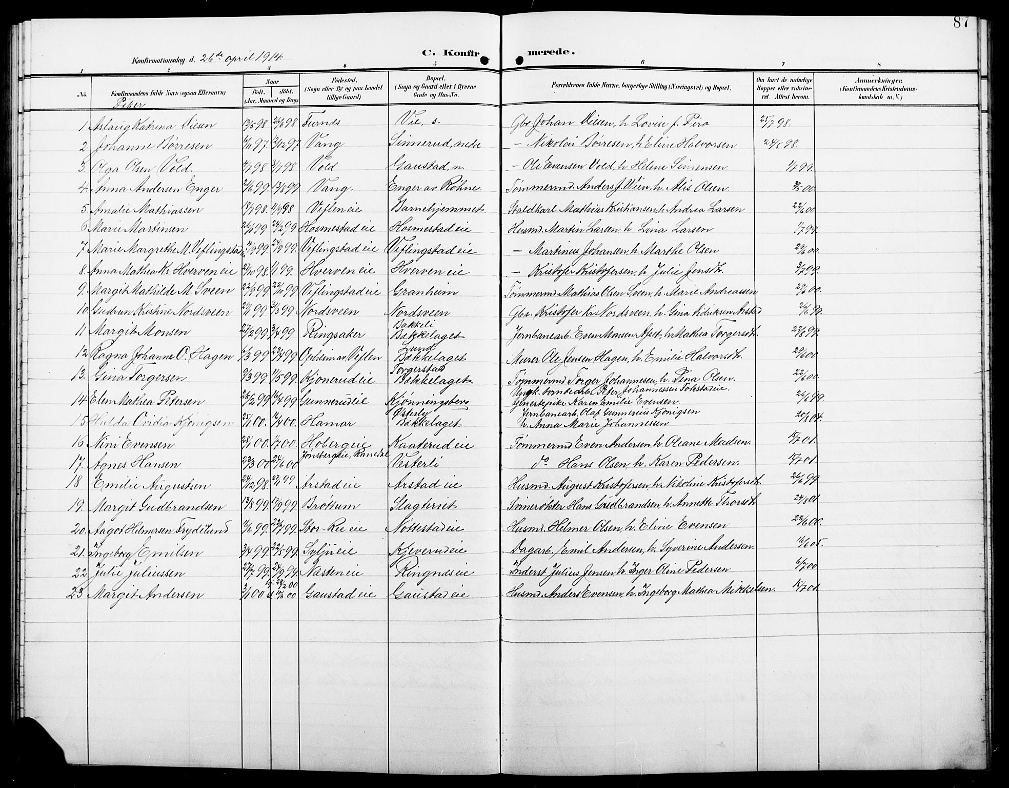 Stange prestekontor, AV/SAH-PREST-002/L/L0013: Parish register (copy) no. 13, 1906-1915, p. 87