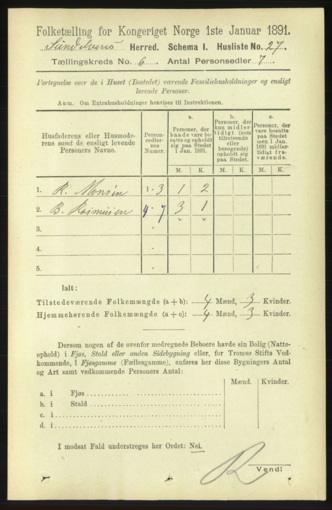 RA, 1891 census for 1523 Sunnylven, 1891, p. 1487