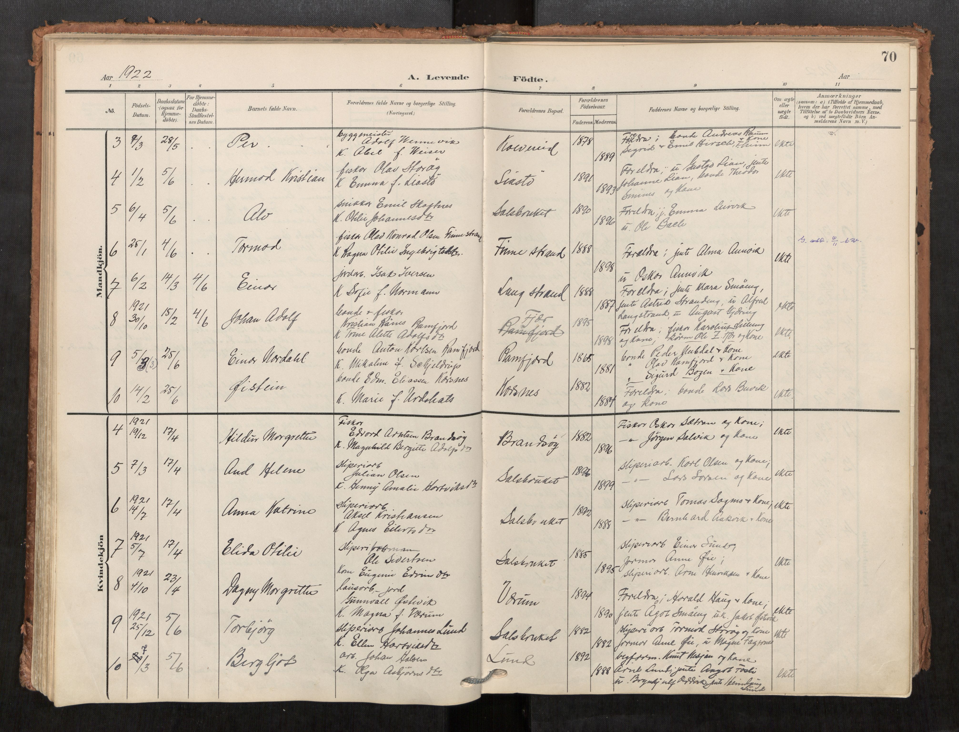 Kolvereid sokneprestkontor, SAT/A-1171/H/Ha/Haa/L0001: Parish register (official) no. 1, 1903-1922, p. 70
