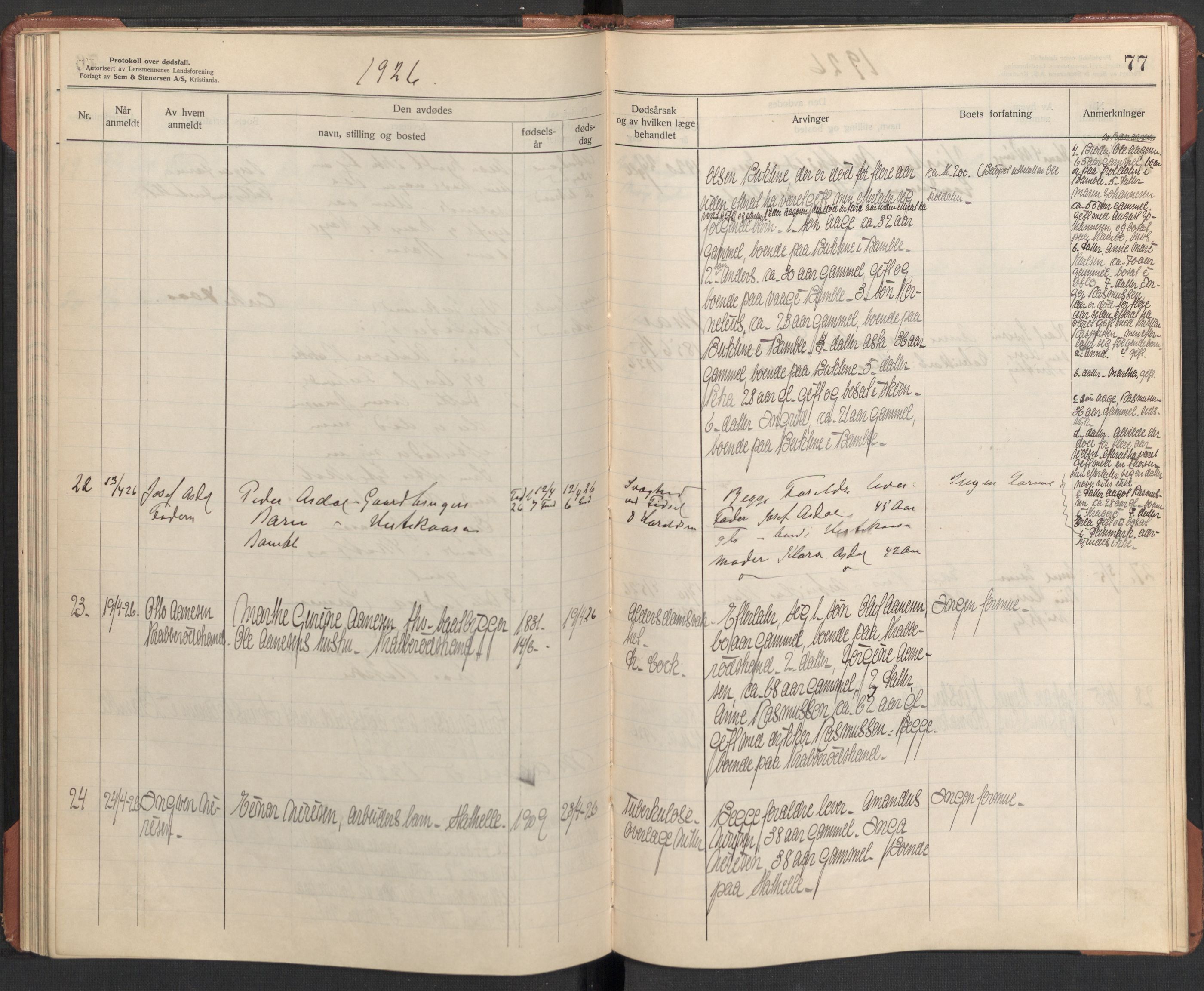 Bamble lensmannskontor, AV/SAKO-A-552/H/Ha/Haa/L0004: Dødsfallsprotokoll, 1923-1926, p. 77