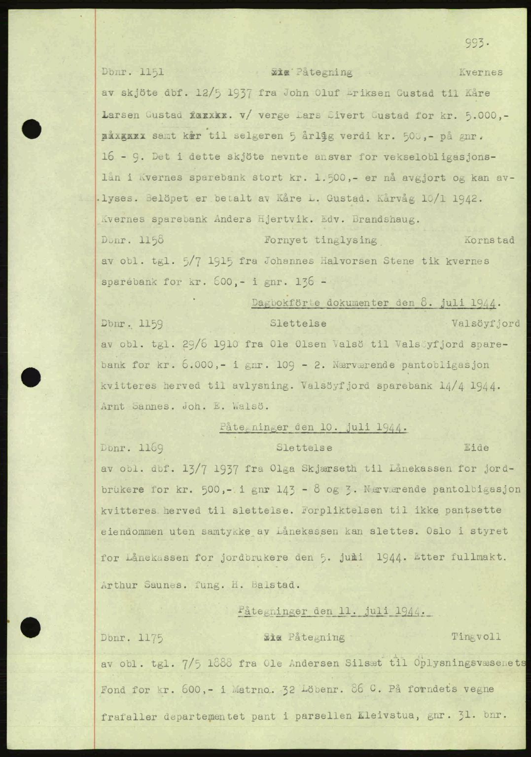 Nordmøre sorenskriveri, AV/SAT-A-4132/1/2/2Ca: Mortgage book no. C81, 1940-1945, Diary no: : 1151/1944