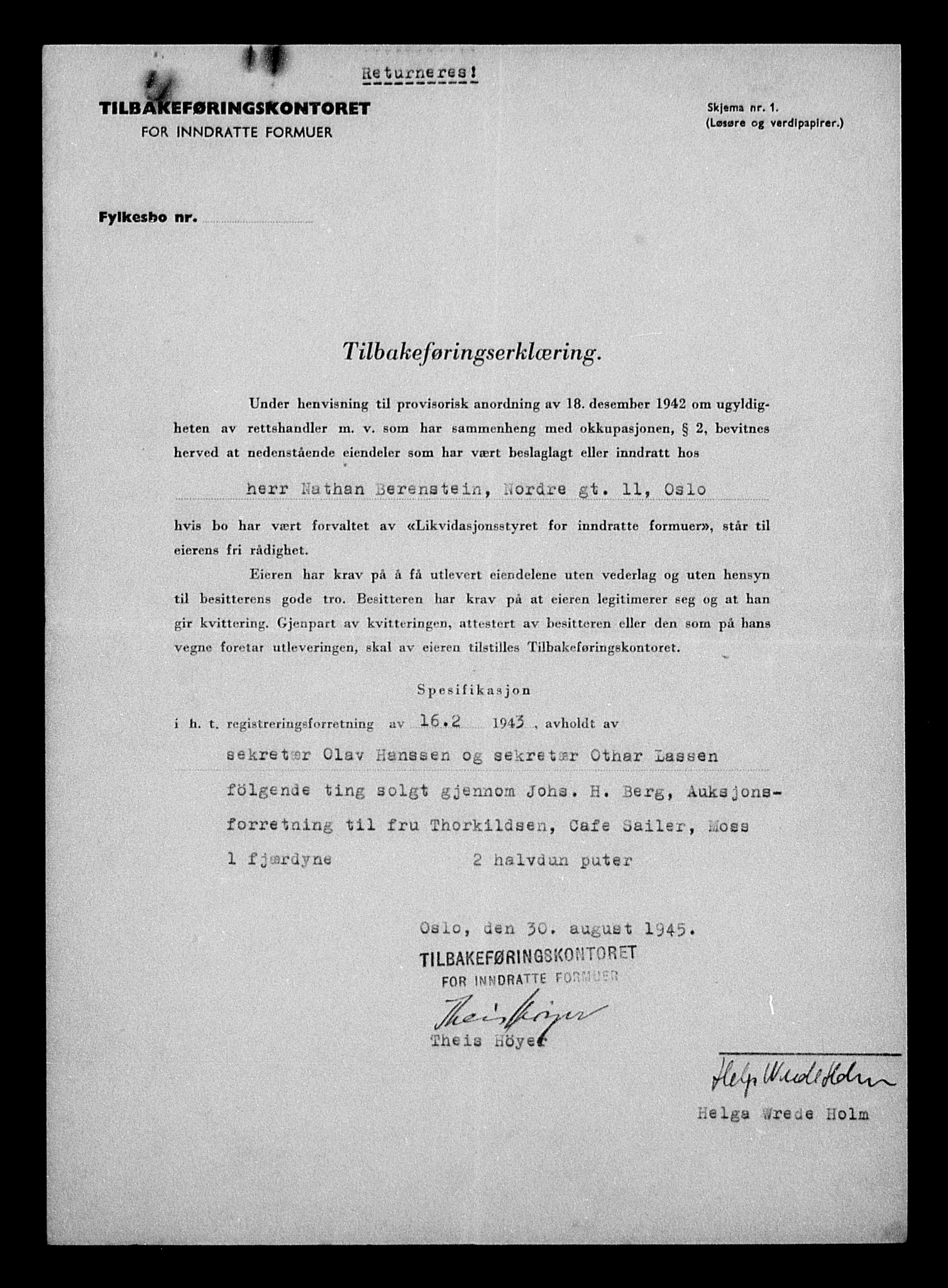 Justisdepartementet, Tilbakeføringskontoret for inndratte formuer, AV/RA-S-1564/H/Hc/Hcc/L0923: --, 1945-1947, p. 340