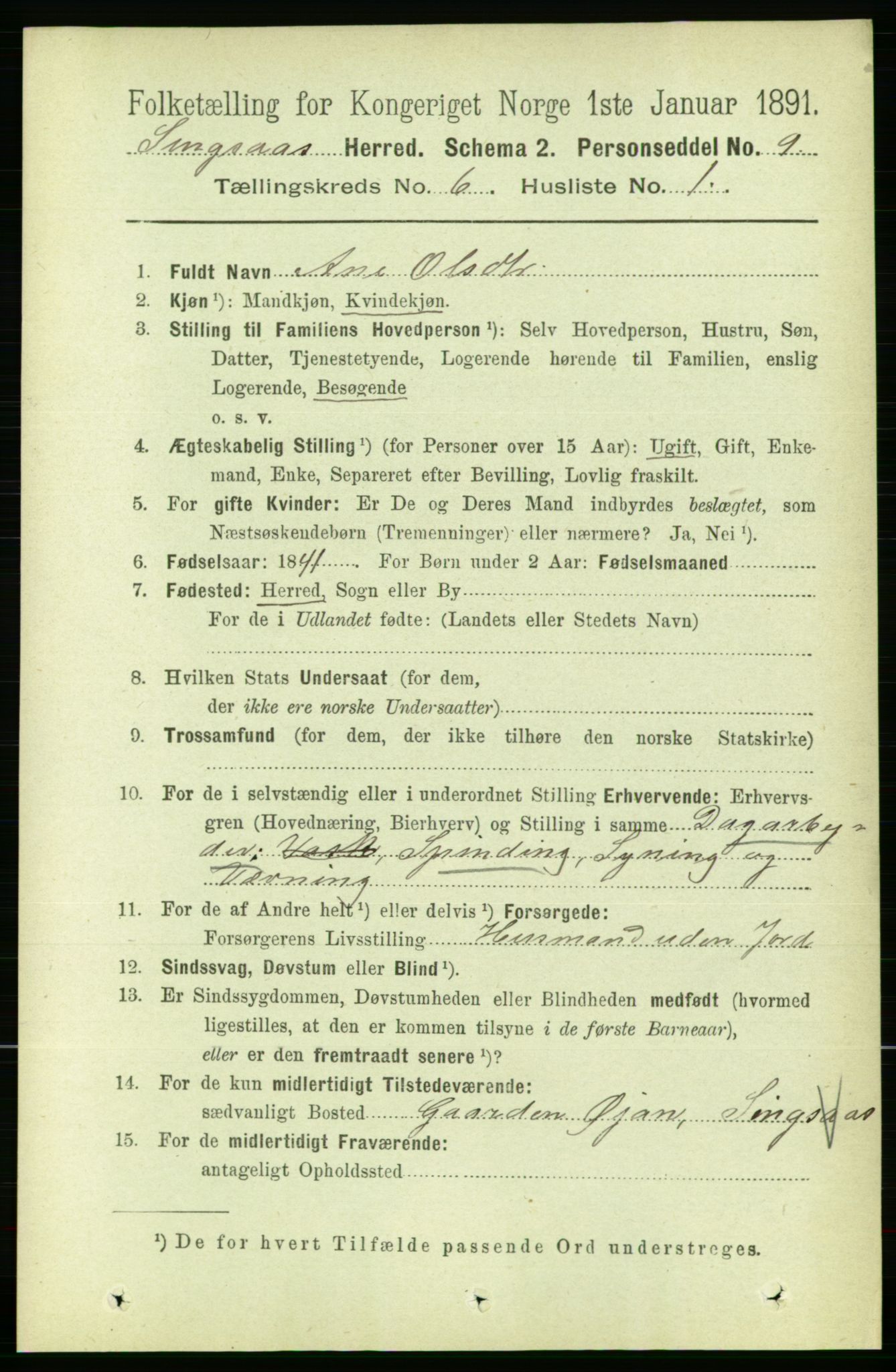 RA, 1891 census for 1646 Singsås, 1891, p. 1228