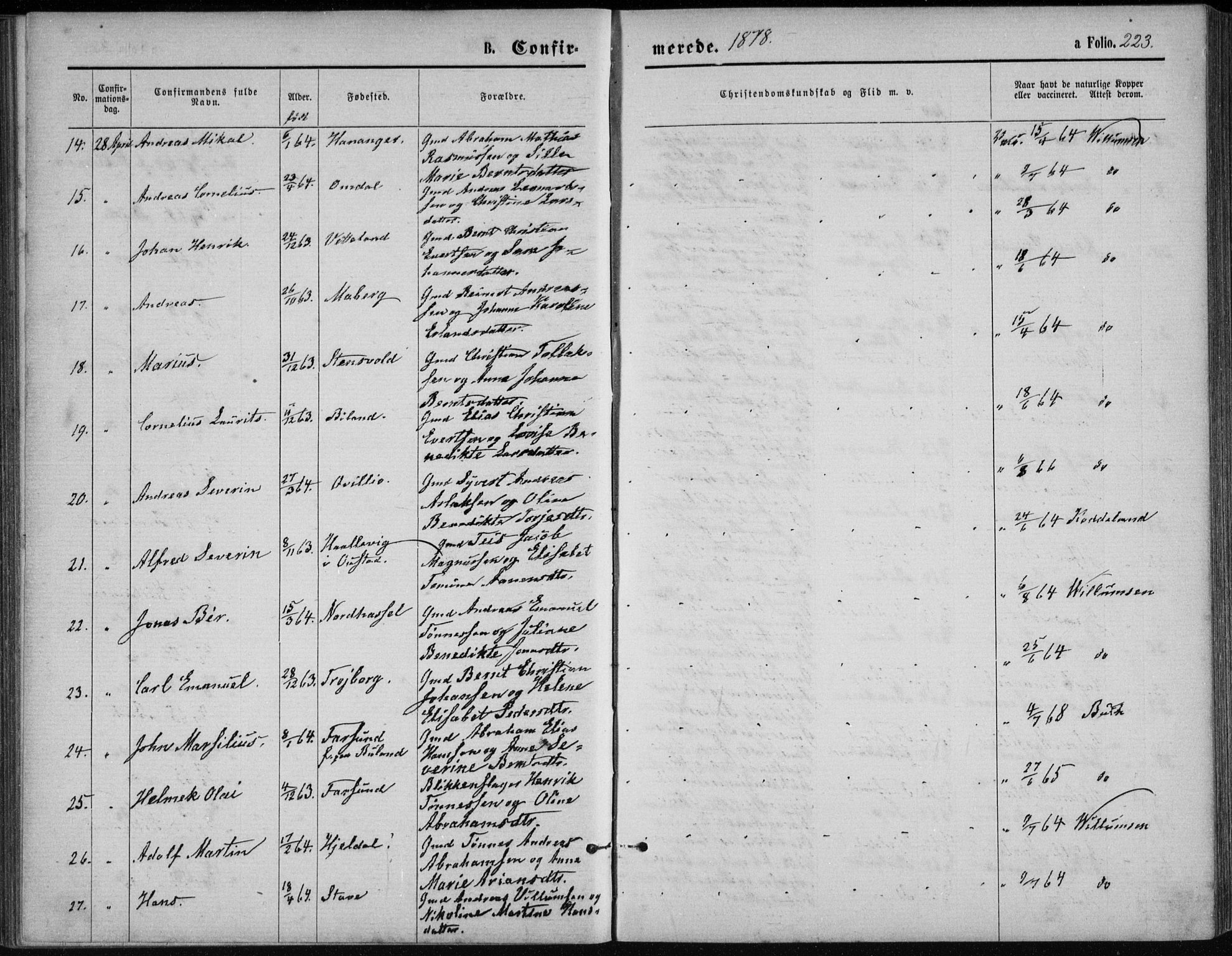 Lista sokneprestkontor, AV/SAK-1111-0027/F/Fb/L0004: Parish register (copy) no. B 4, 1877-1891, p. 223