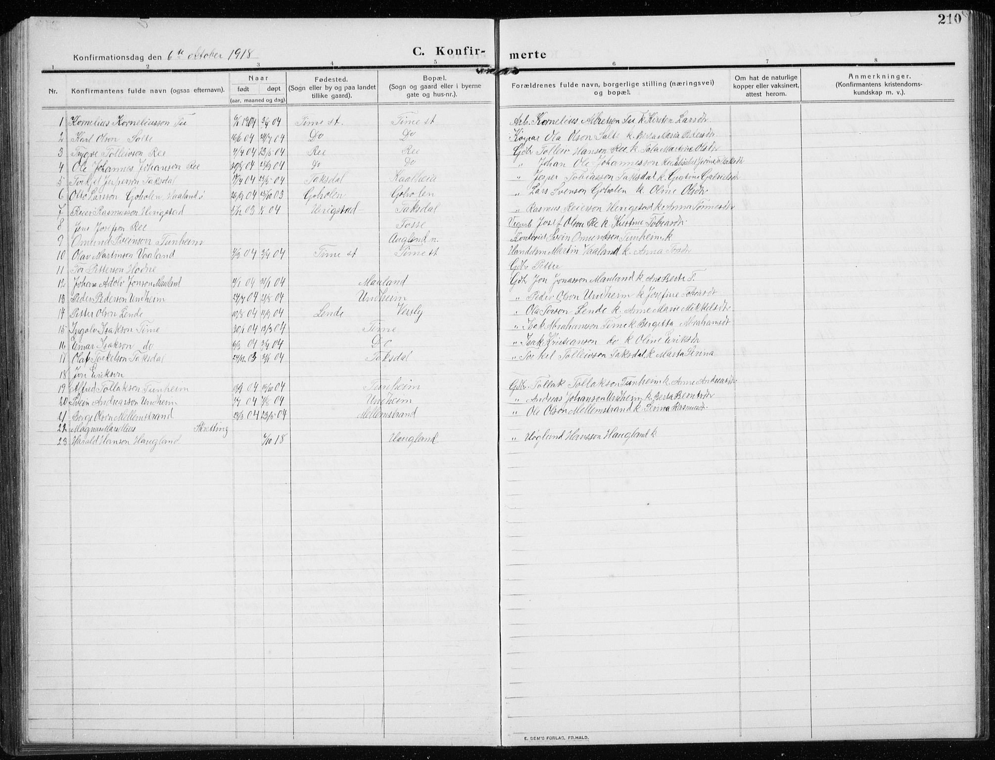 Time sokneprestkontor, SAST/A-101795/001/30BB/L0001: Parish register (copy) no. B 1, 1910-1932, p. 210