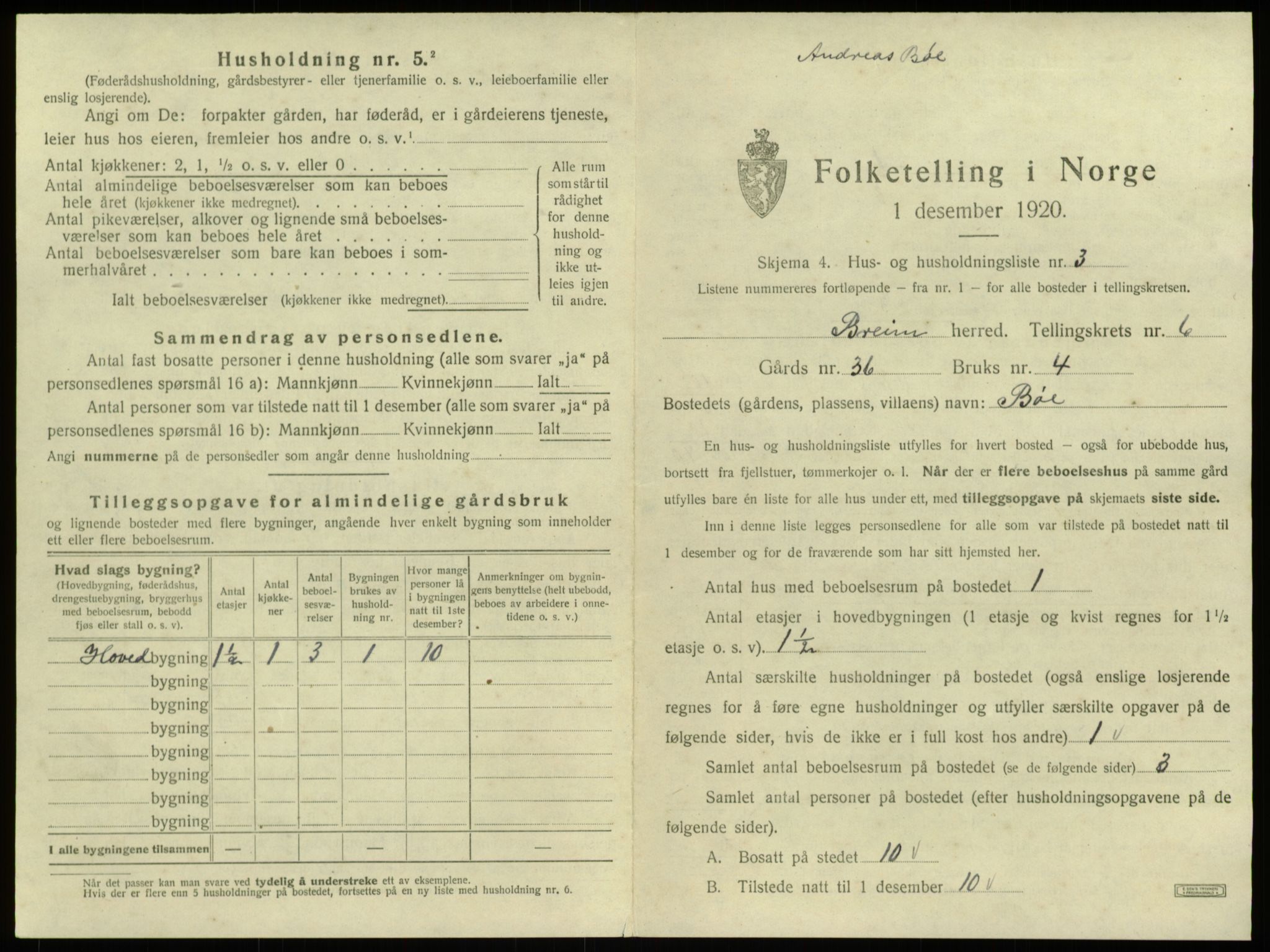 SAB, 1920 census for Breim, 1920, p. 482