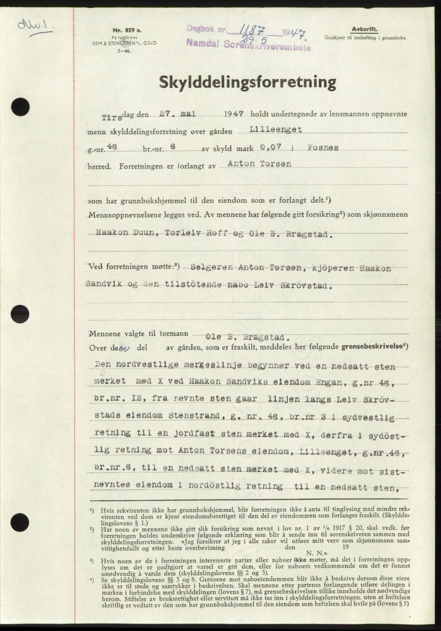 Namdal sorenskriveri, AV/SAT-A-4133/1/2/2C: Mortgage book no. -, 1947-1947, Diary no: : 1187/1947