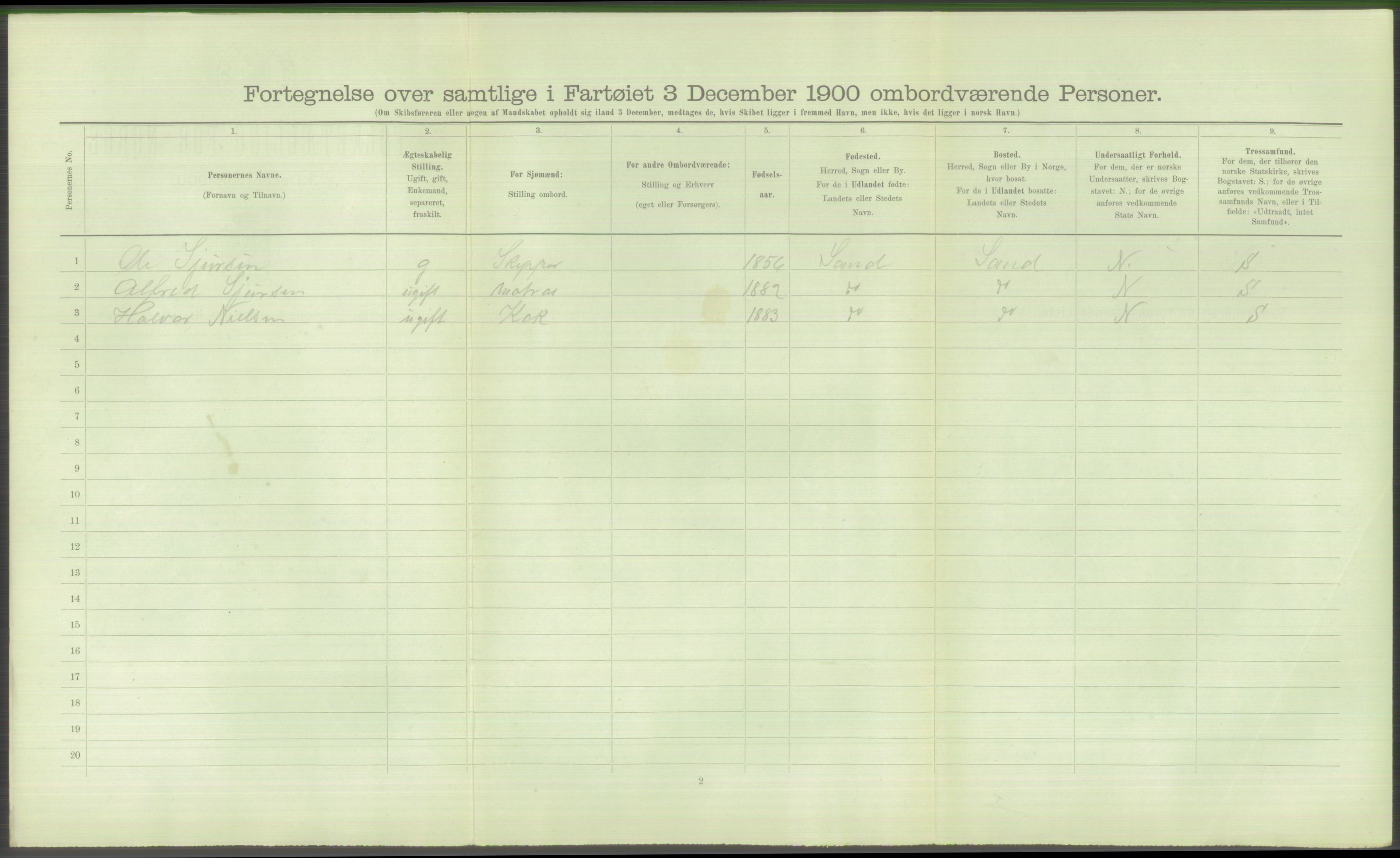 RA, 1900 Census - ship lists from ships in Norwegian harbours, harbours abroad and at sea, 1900, p. 908