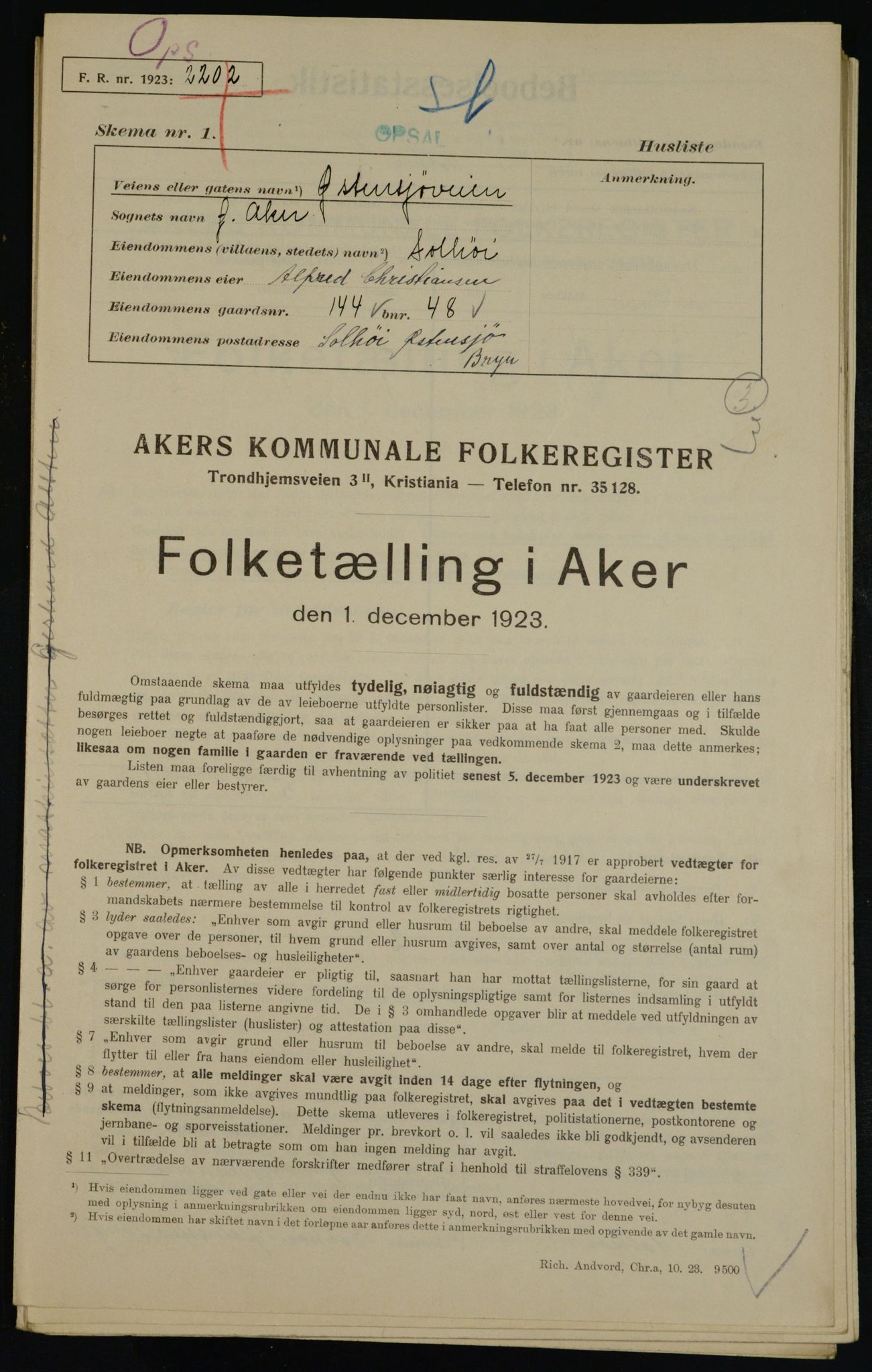 , Municipal Census 1923 for Aker, 1923, p. 36540