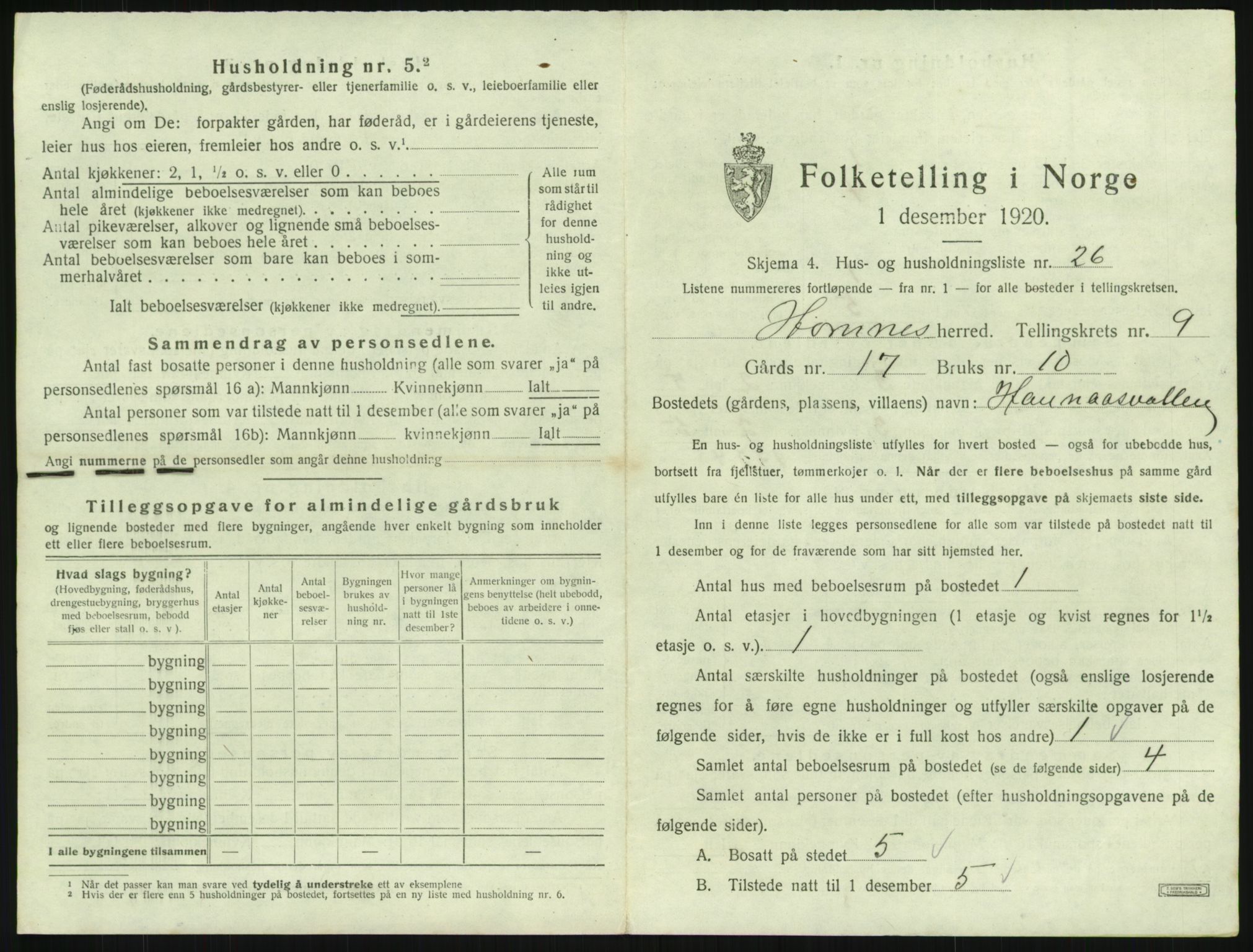 SAK, 1920 census for Hornnes, 1920, p. 401