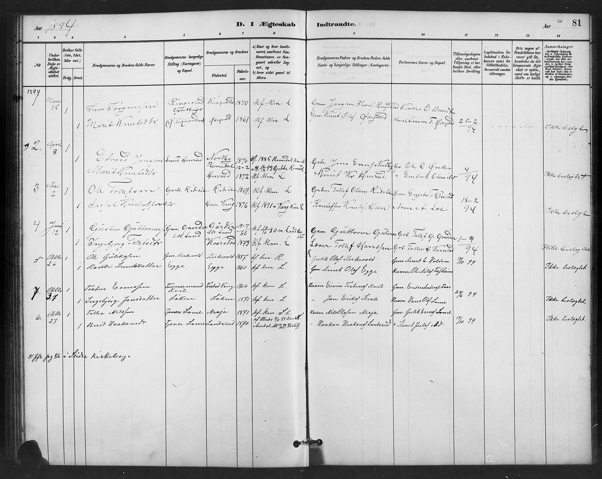 Vestre Slidre prestekontor, SAH/PREST-136/H/Ha/Hab/L0006: Parish register (copy) no. 6, 1881-1915, p. 81