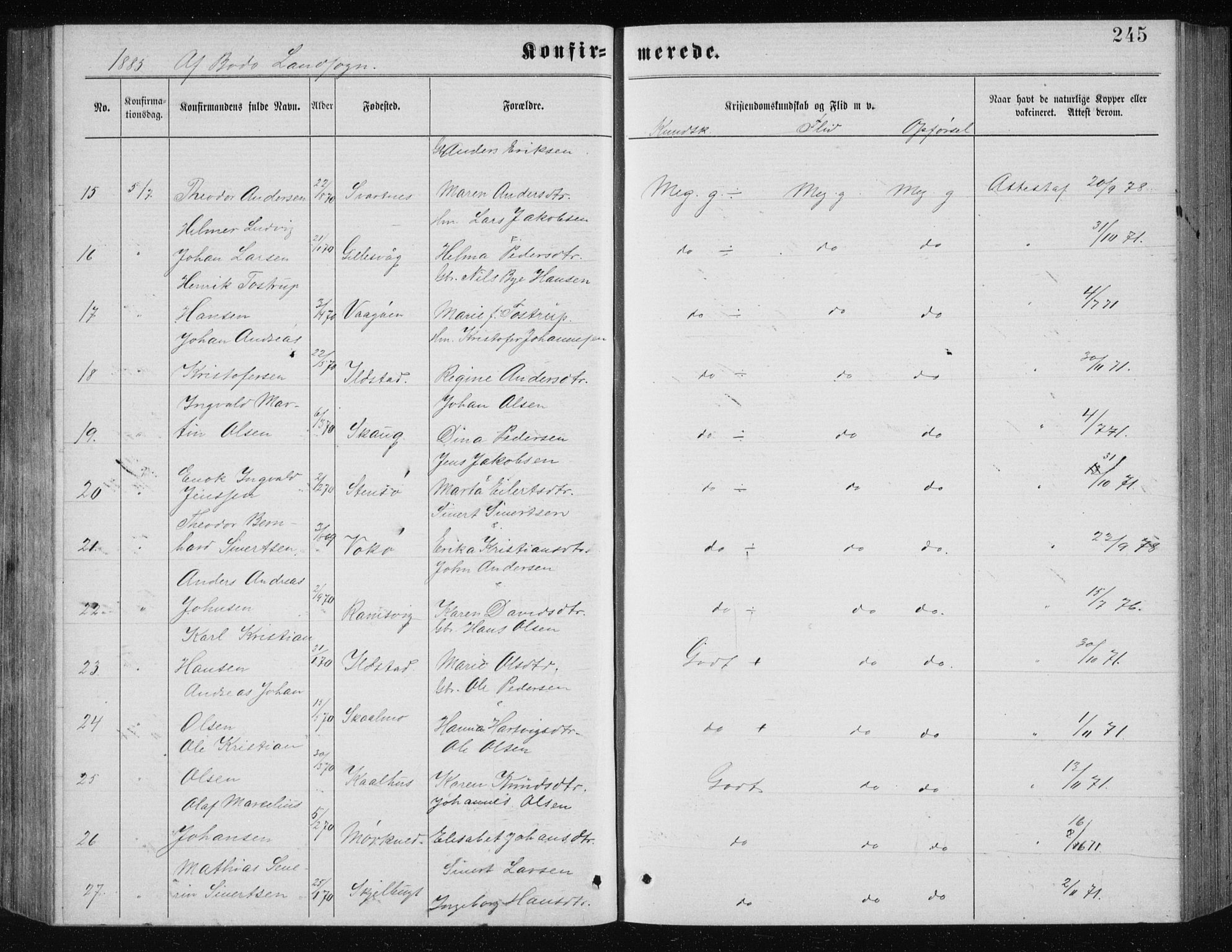 Ministerialprotokoller, klokkerbøker og fødselsregistre - Nordland, AV/SAT-A-1459/801/L0031: Parish register (copy) no. 801C06, 1883-1887, p. 245