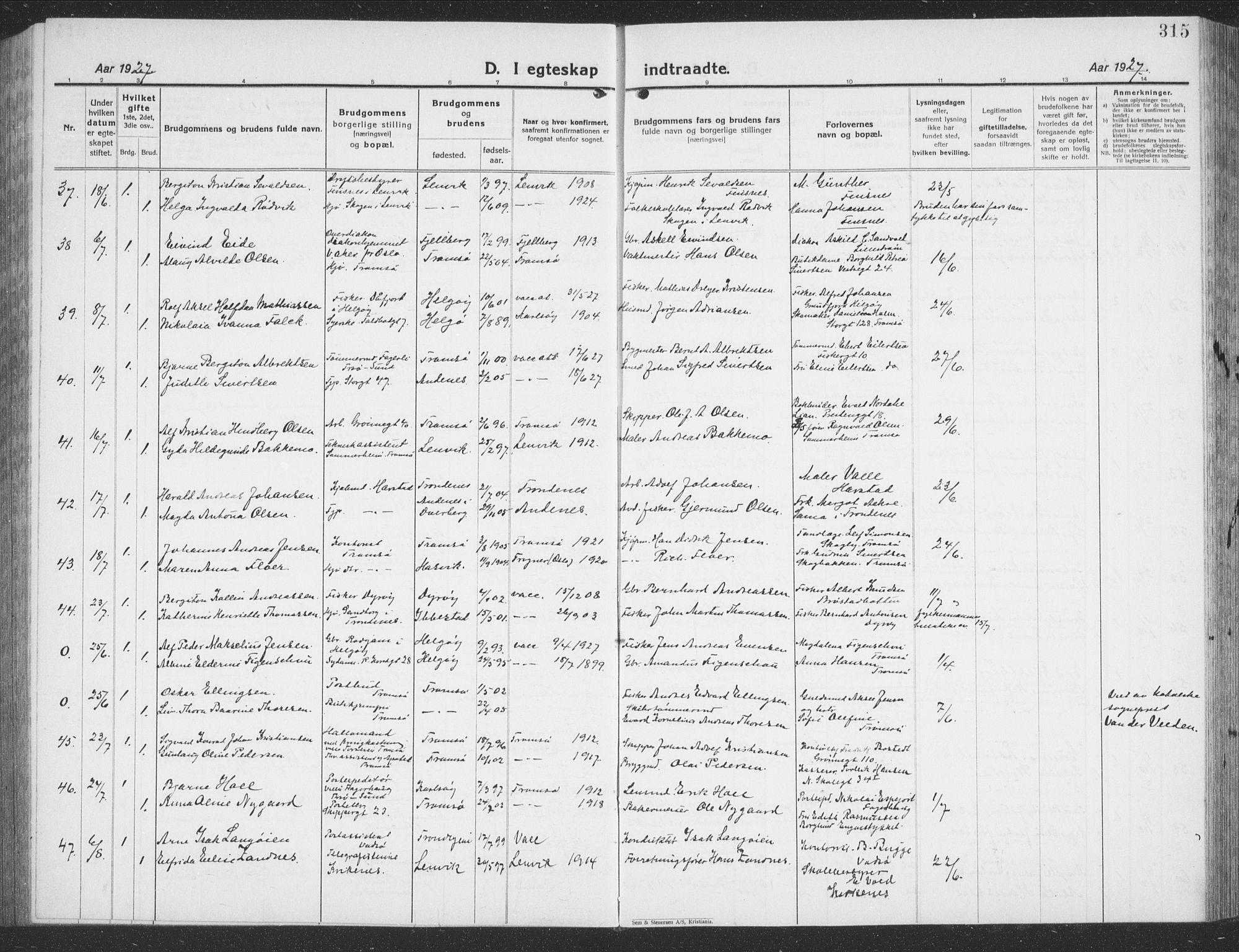 Tromsø sokneprestkontor/stiftsprosti/domprosti, AV/SATØ-S-1343/G/Gb/L0010klokker: Parish register (copy) no. 10, 1925-1937, p. 315