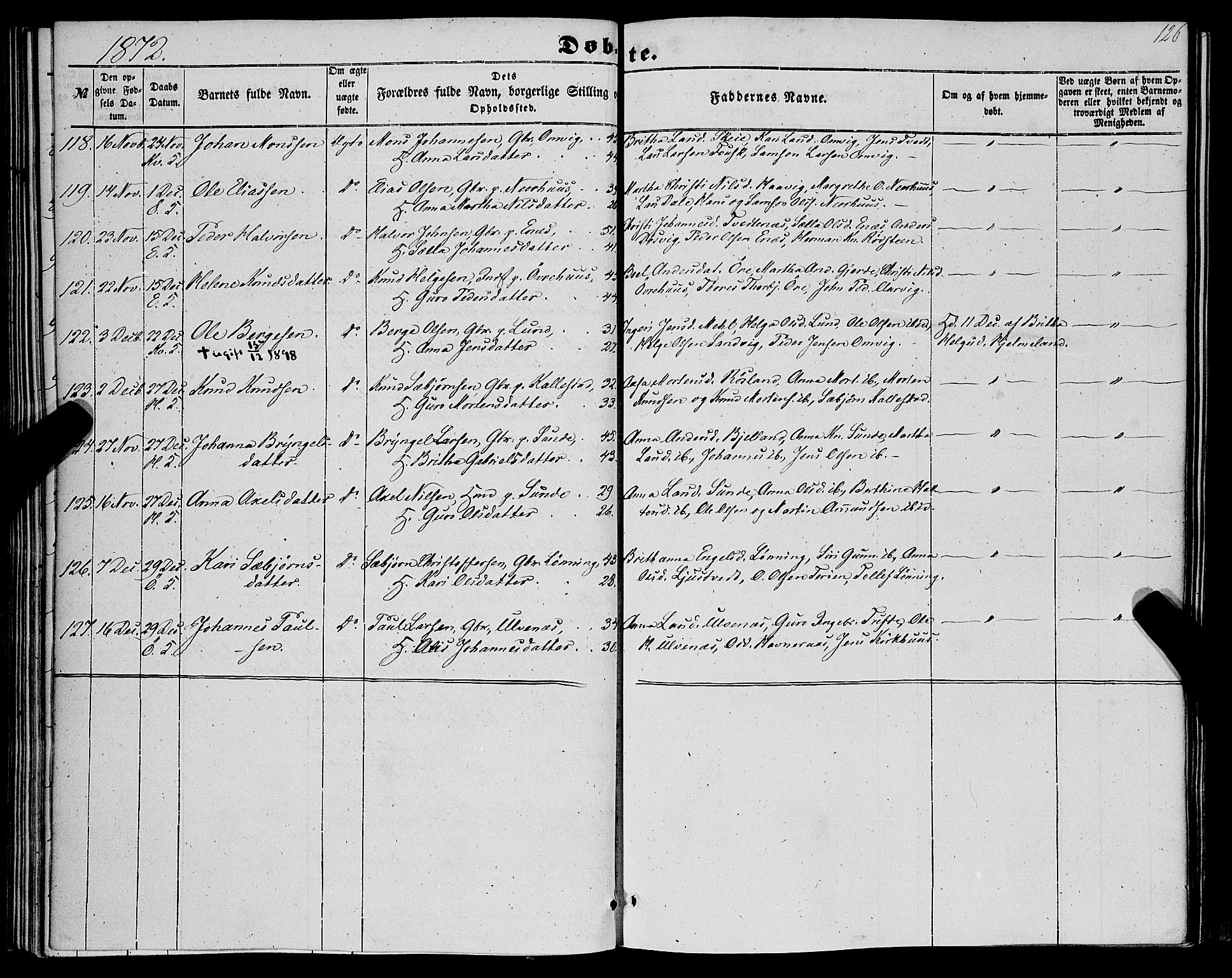 Kvinnherad sokneprestembete, SAB/A-76401/H/Haa: Parish register (official) no. A 8, 1854-1872, p. 126