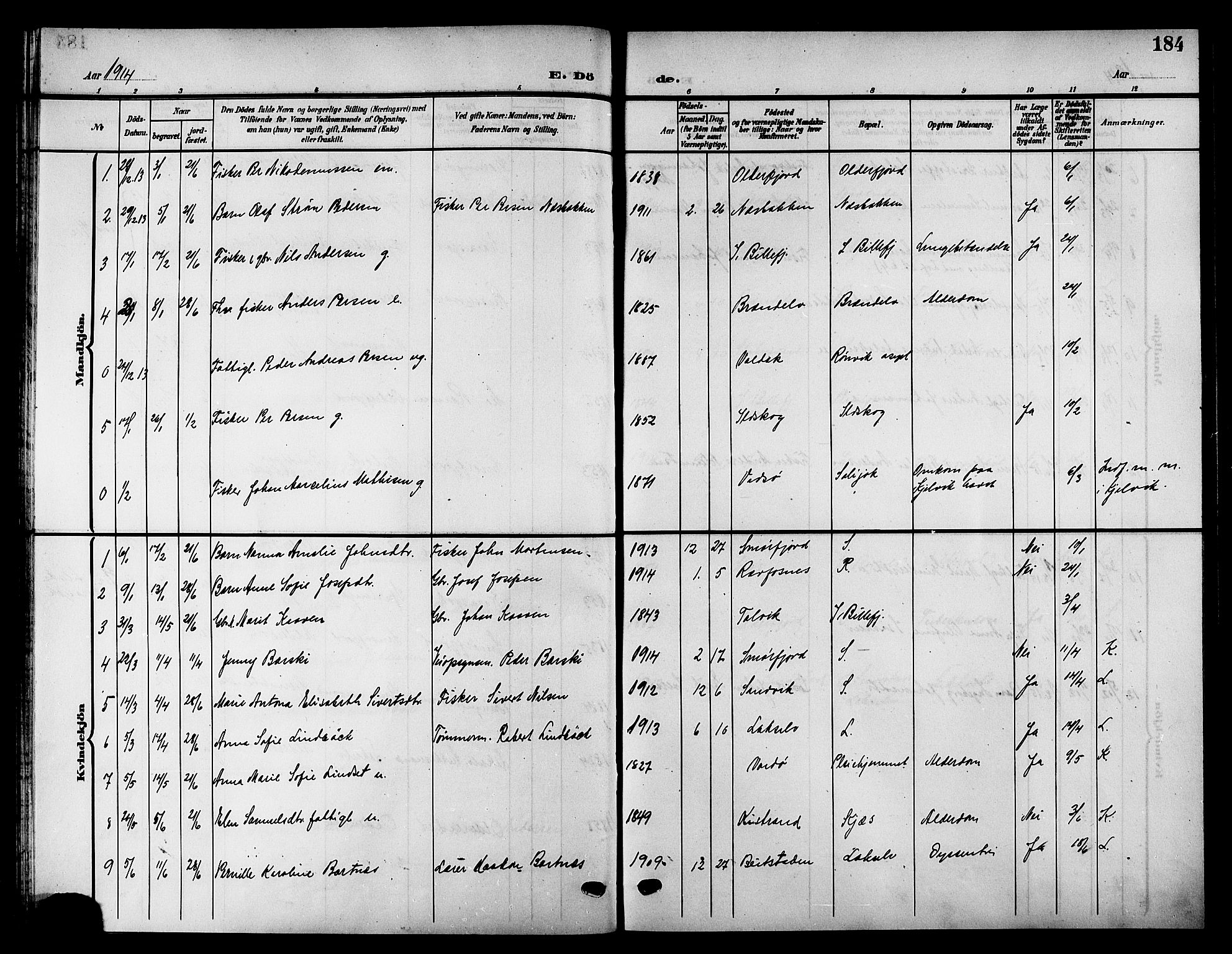 Kistrand/Porsanger sokneprestembete, AV/SATØ-S-1351/H/Hb/L0006.klokk: Parish register (copy) no. 6, 1905-1917, p. 184