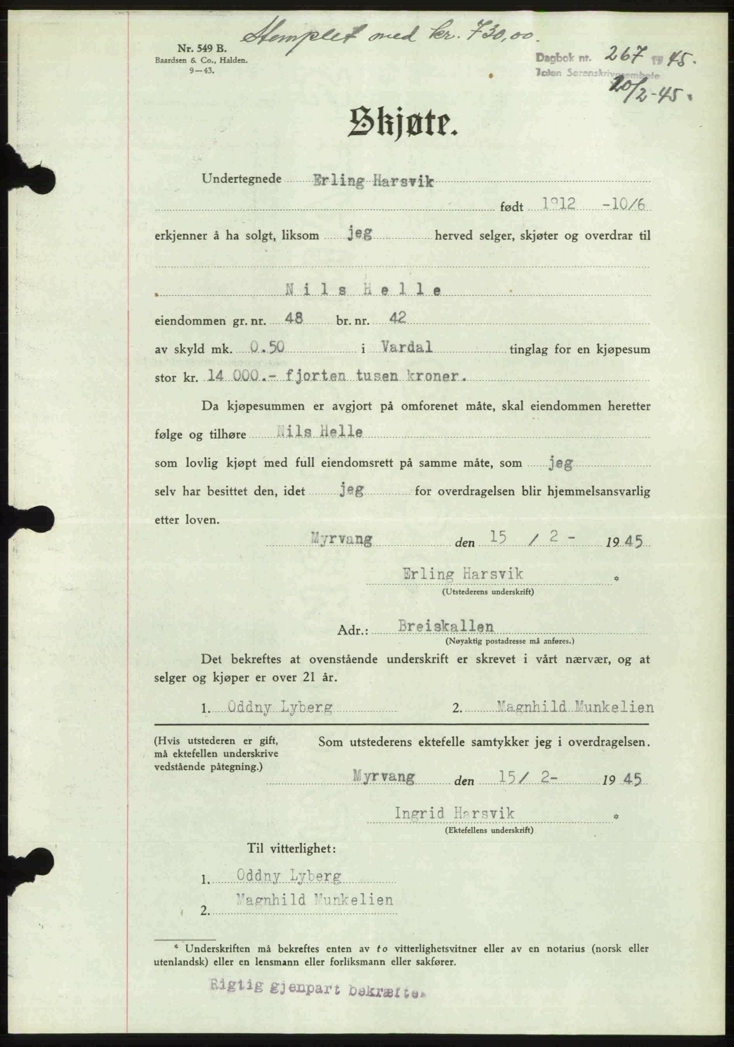 Toten tingrett, SAH/TING-006/H/Hb/Hbc/L0013: Mortgage book no. Hbc-13, 1945-1945, Diary no: : 267/1945
