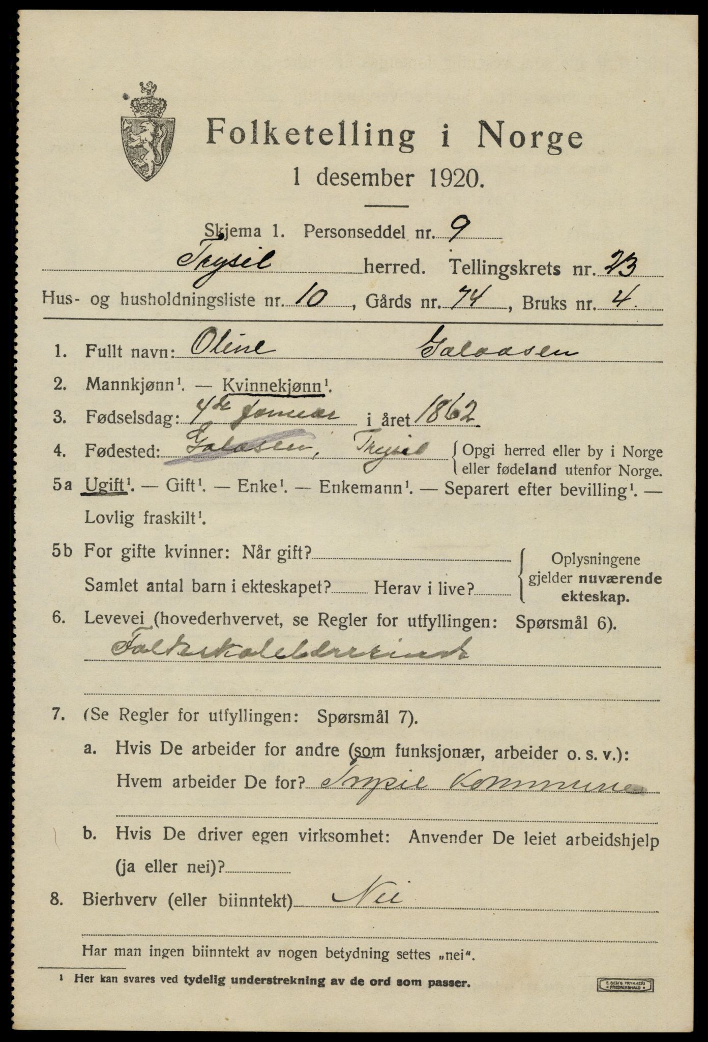 SAH, 1920 census for Trysil, 1920, p. 14963