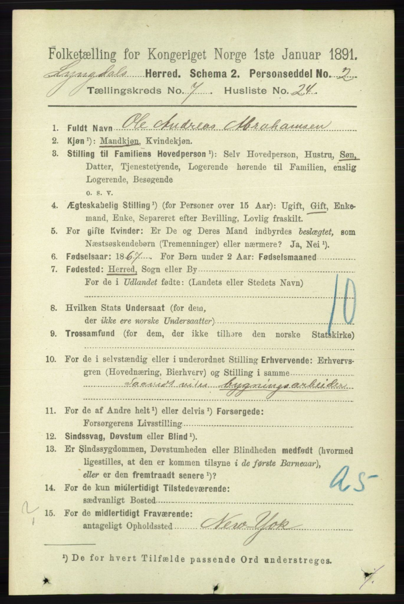 RA, 1891 census for 1032 Lyngdal, 1891, p. 3047