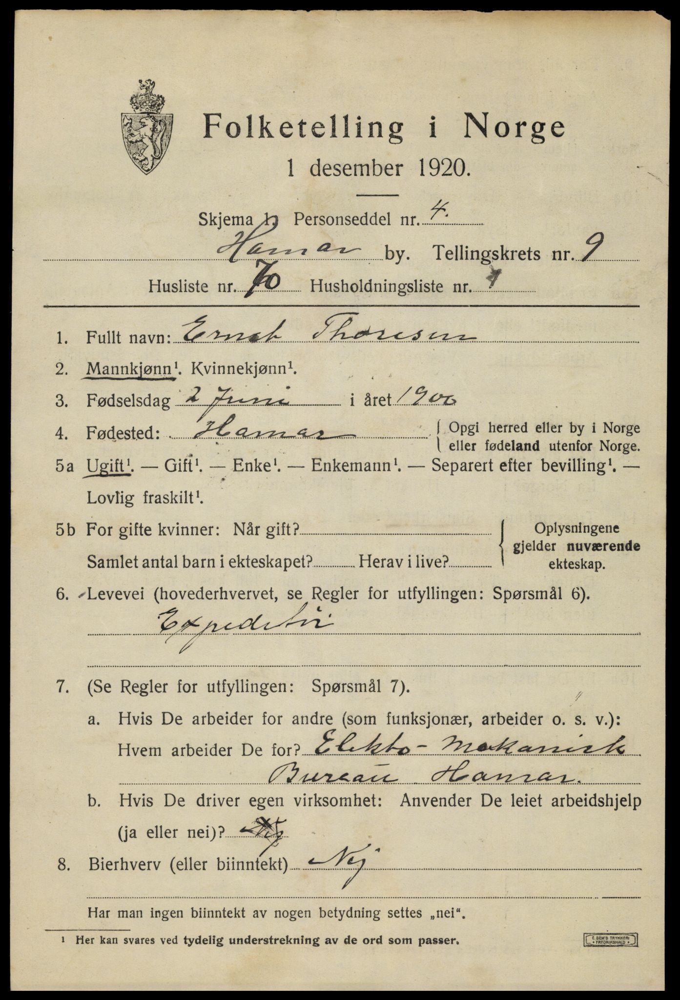 SAH, 1920 census for Hamar, 1920, p. 17523