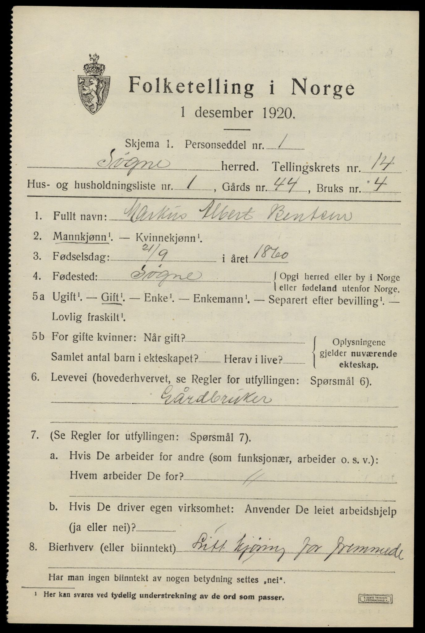 SAK, 1920 census for Søgne, 1920, p. 6749