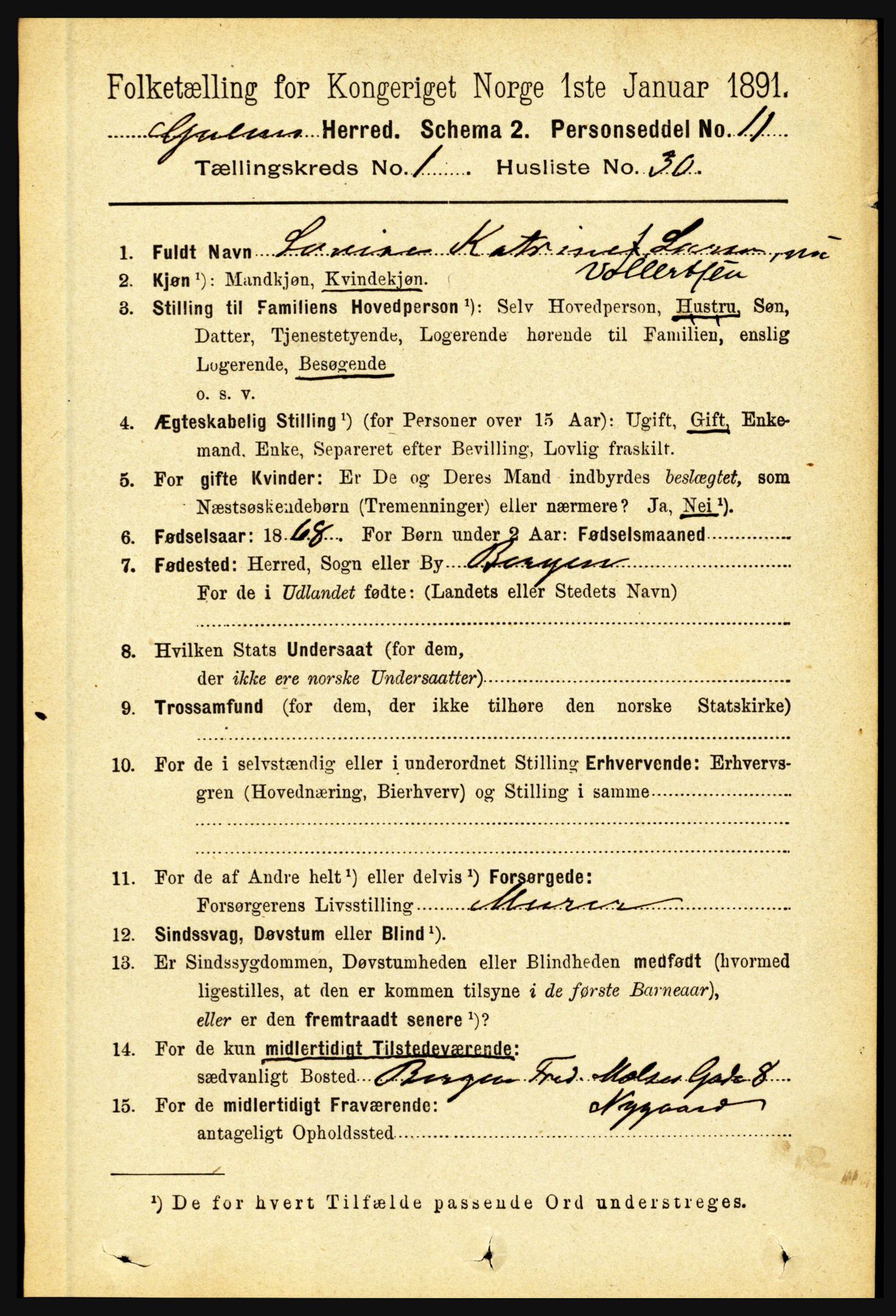 RA, 1891 census for 1411 Gulen, 1891, p. 307