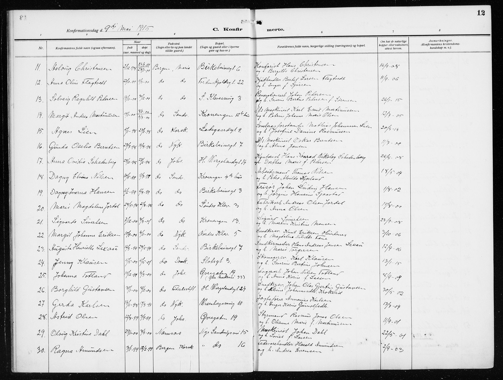 Mariakirken Sokneprestembete, AV/SAB-A-76901/H/Haa/L0015: Parish register (official) no. C 3, 1913-1927, p. 12