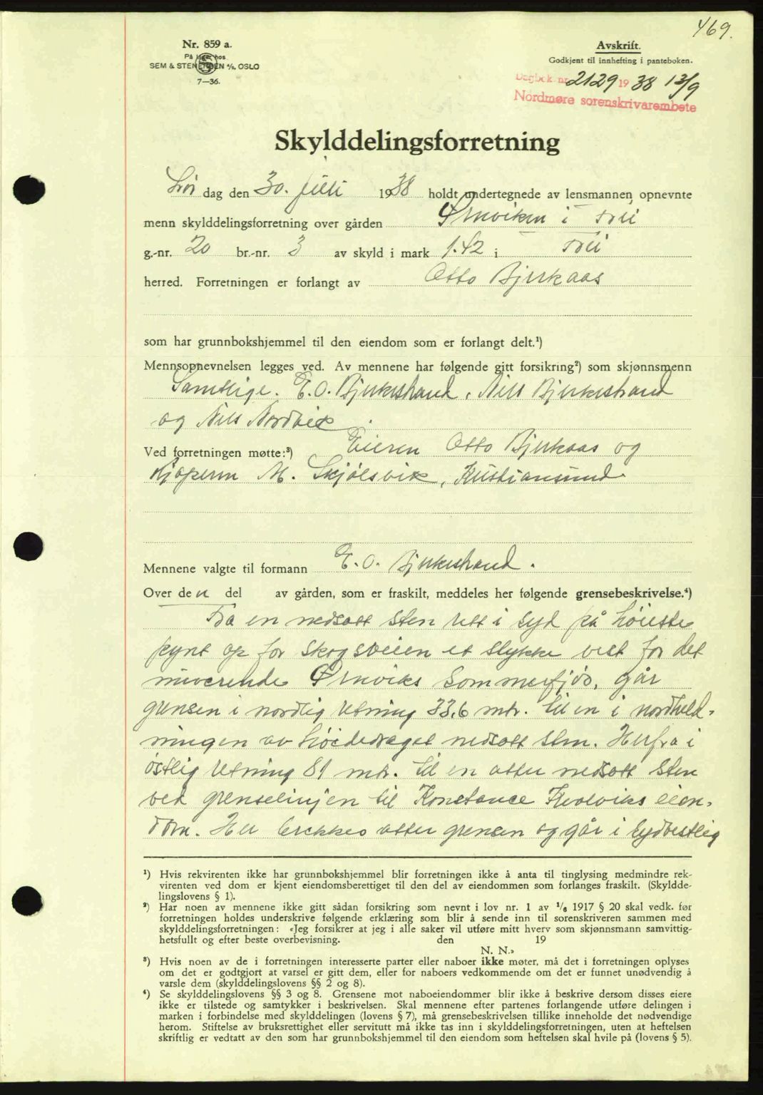 Nordmøre sorenskriveri, SAT/A-4132/1/2/2Ca: Mortgage book no. A84, 1938-1938, Diary no: : 2129/1938
