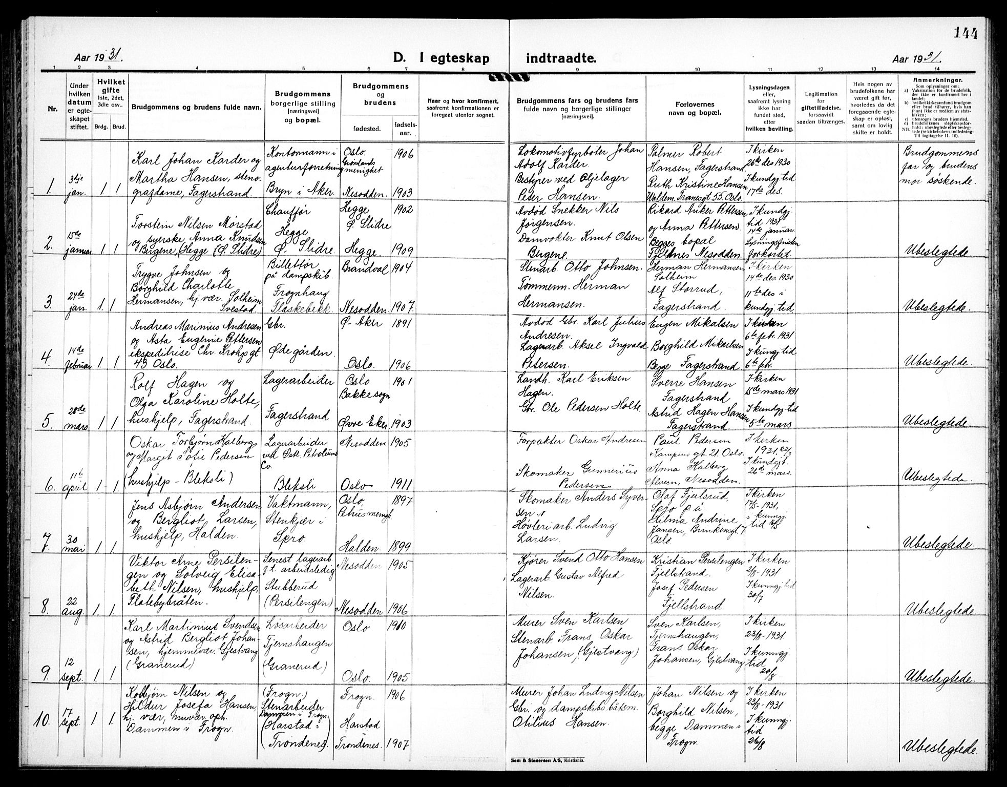 Nesodden prestekontor Kirkebøker, AV/SAO-A-10013/G/Ga/L0003: Parish register (copy) no. I 3, 1924-1939, p. 144