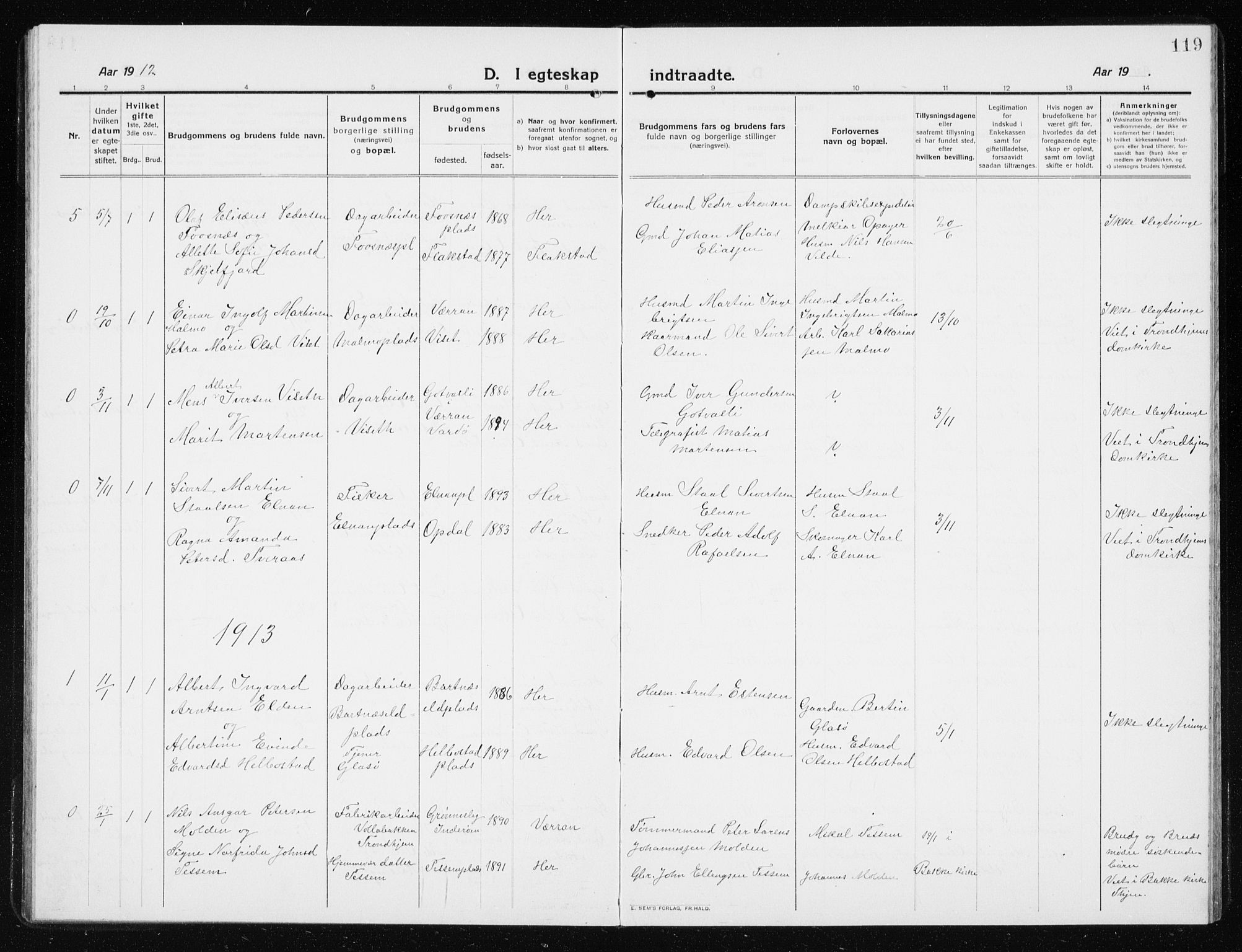 Ministerialprotokoller, klokkerbøker og fødselsregistre - Nord-Trøndelag, SAT/A-1458/741/L0402: Parish register (copy) no. 741C03, 1911-1926, p. 119