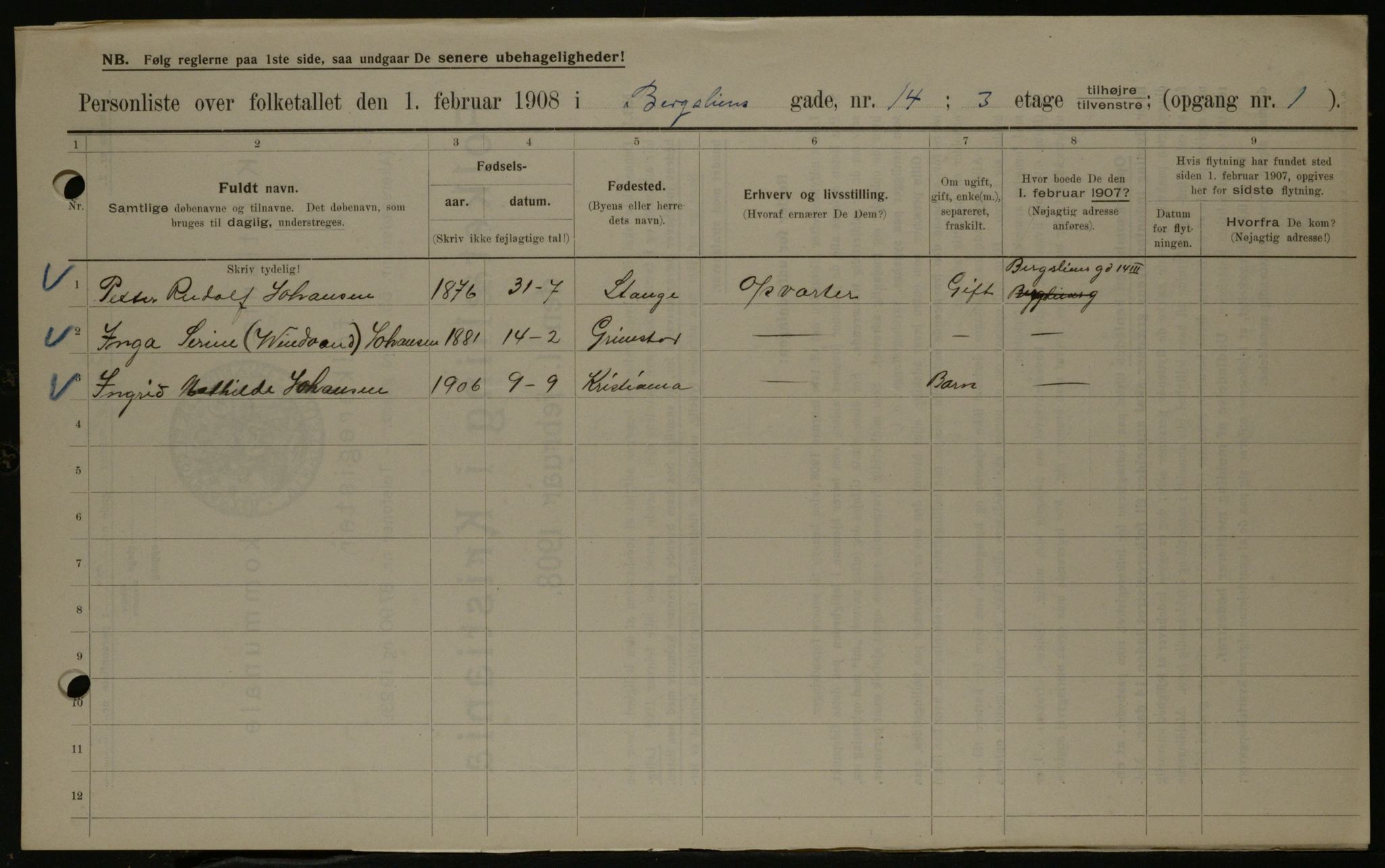 OBA, Municipal Census 1908 for Kristiania, 1908, p. 4315