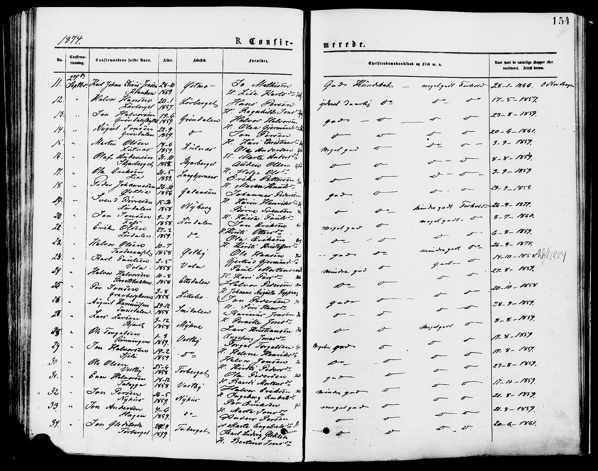 Trysil prestekontor, AV/SAH-PREST-046/H/Ha/Haa/L0007: Parish register (official) no. 7, 1874-1880, p. 154