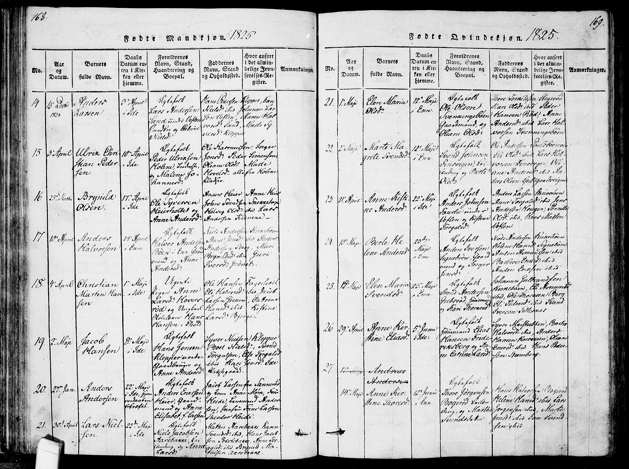 Idd prestekontor Kirkebøker, AV/SAO-A-10911/F/Fc/L0002: Parish register (official) no. III 2, 1815-1831, p. 168-169