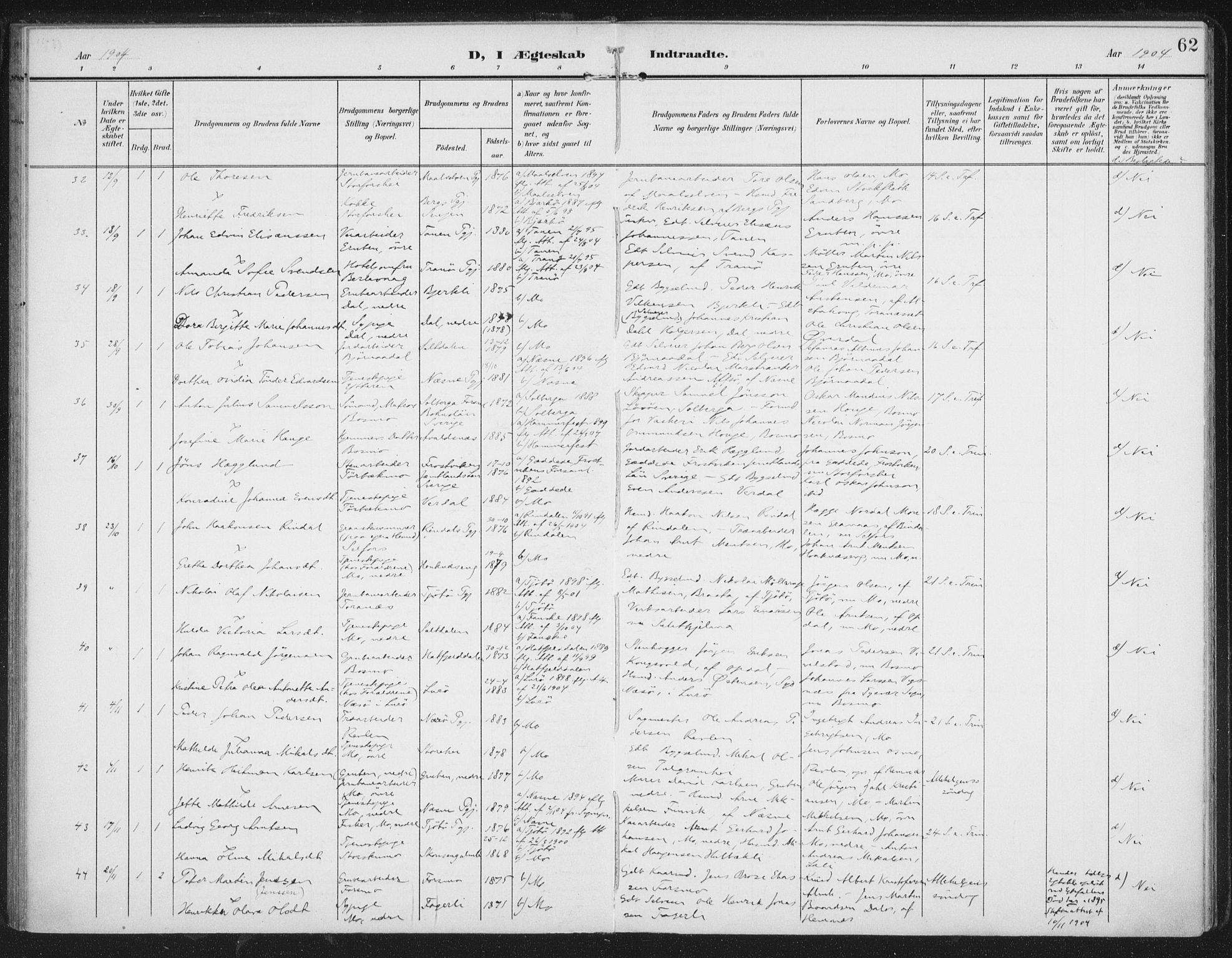 Ministerialprotokoller, klokkerbøker og fødselsregistre - Nordland, AV/SAT-A-1459/827/L0403: Parish register (official) no. 827A15, 1903-1912, p. 62