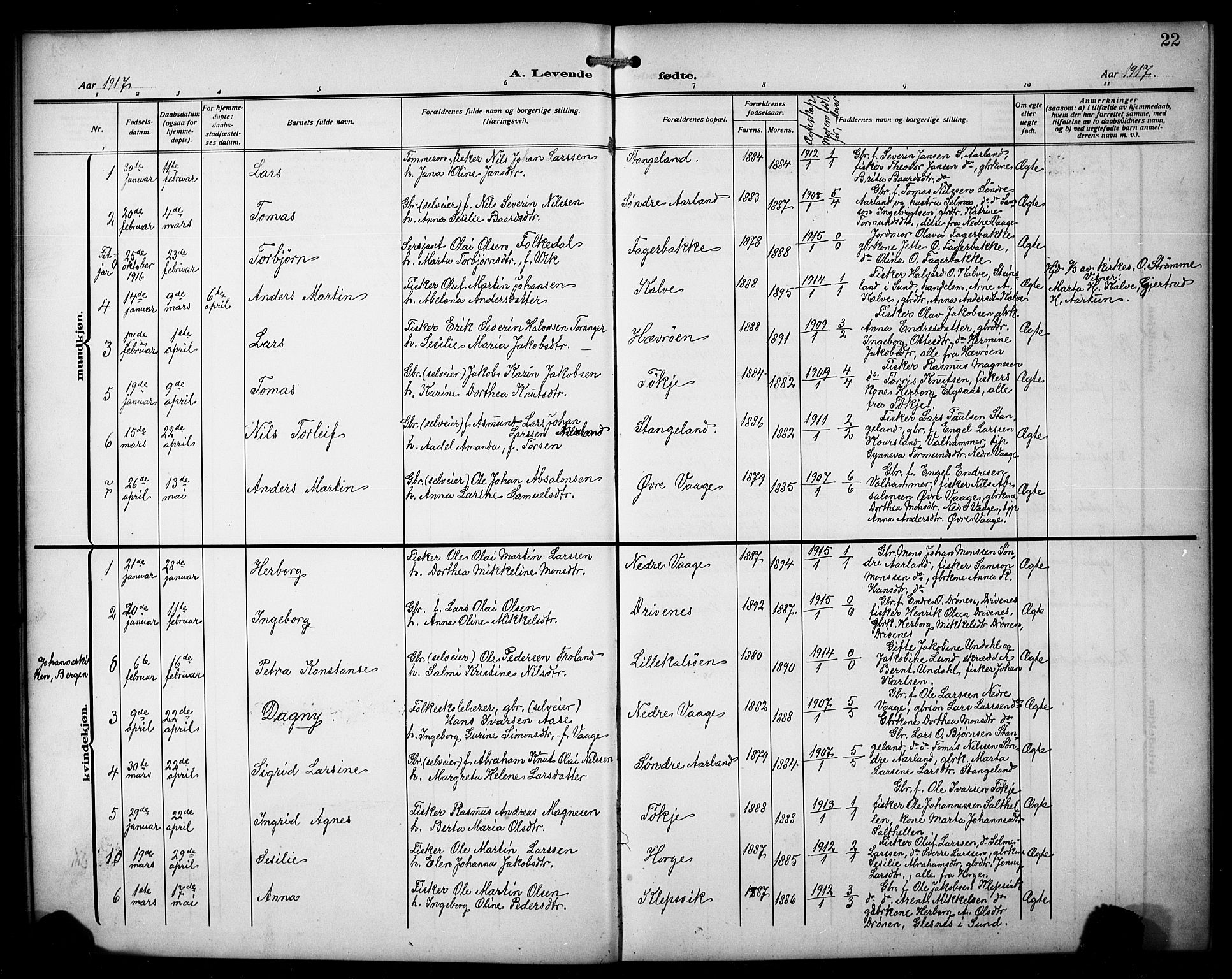 Austevoll sokneprestembete, AV/SAB-A-74201/H/Ha/Hab/Habb/L0006: Parish register (copy) no. B 6, 1911-1925, p. 22