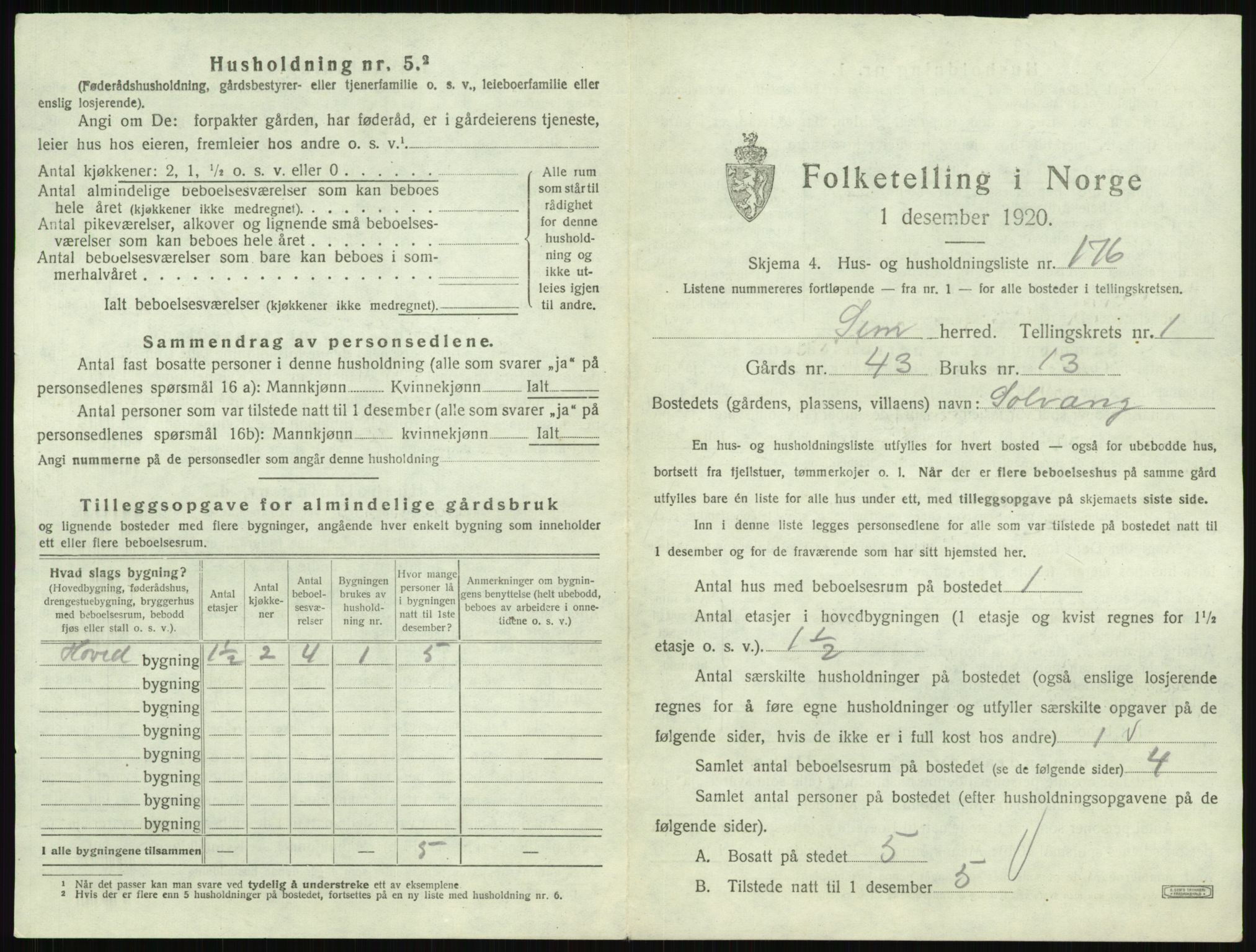 SAKO, 1920 census for Sem, 1920, p. 424