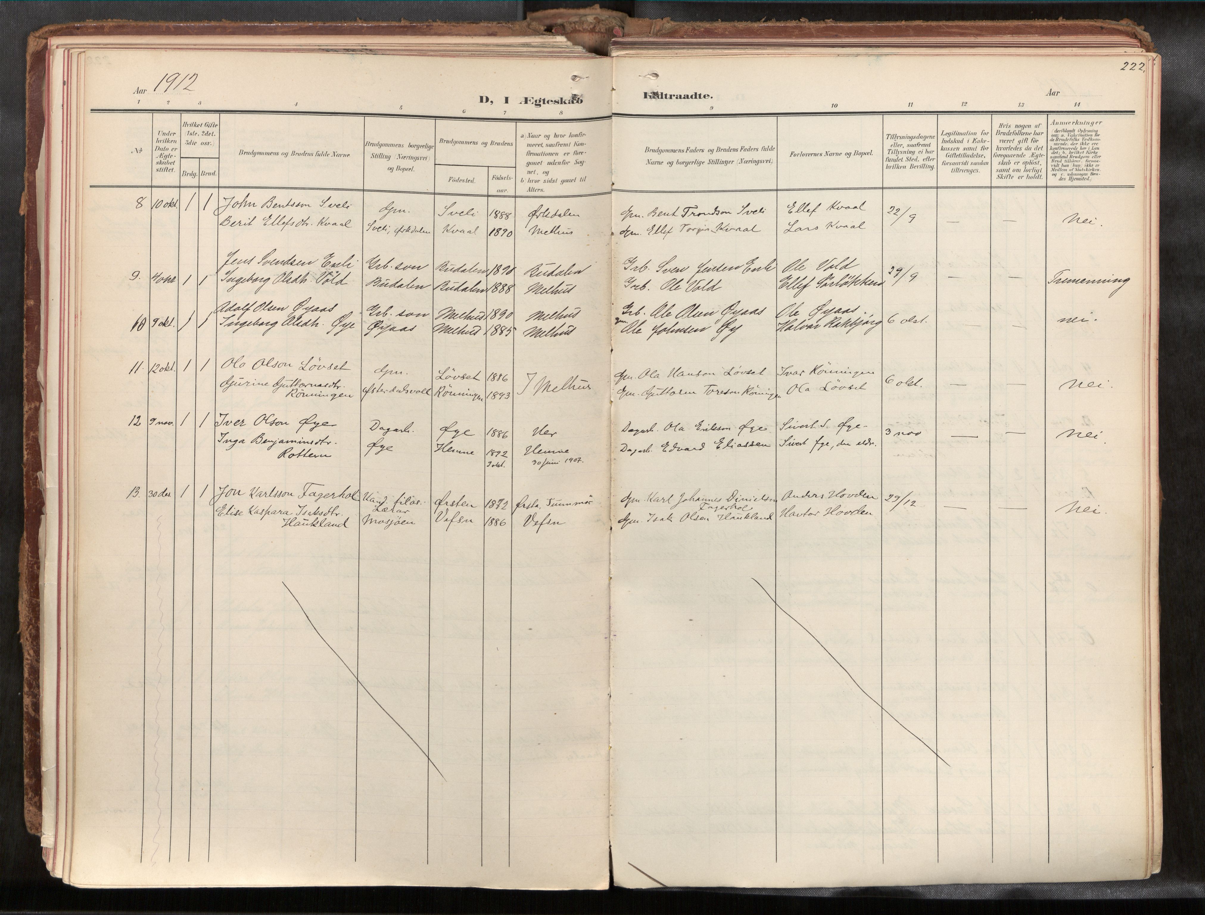 Ministerialprotokoller, klokkerbøker og fødselsregistre - Sør-Trøndelag, SAT/A-1456/691/L1085b: Parish register (official) no. 691A18, 1908-1930, p. 222