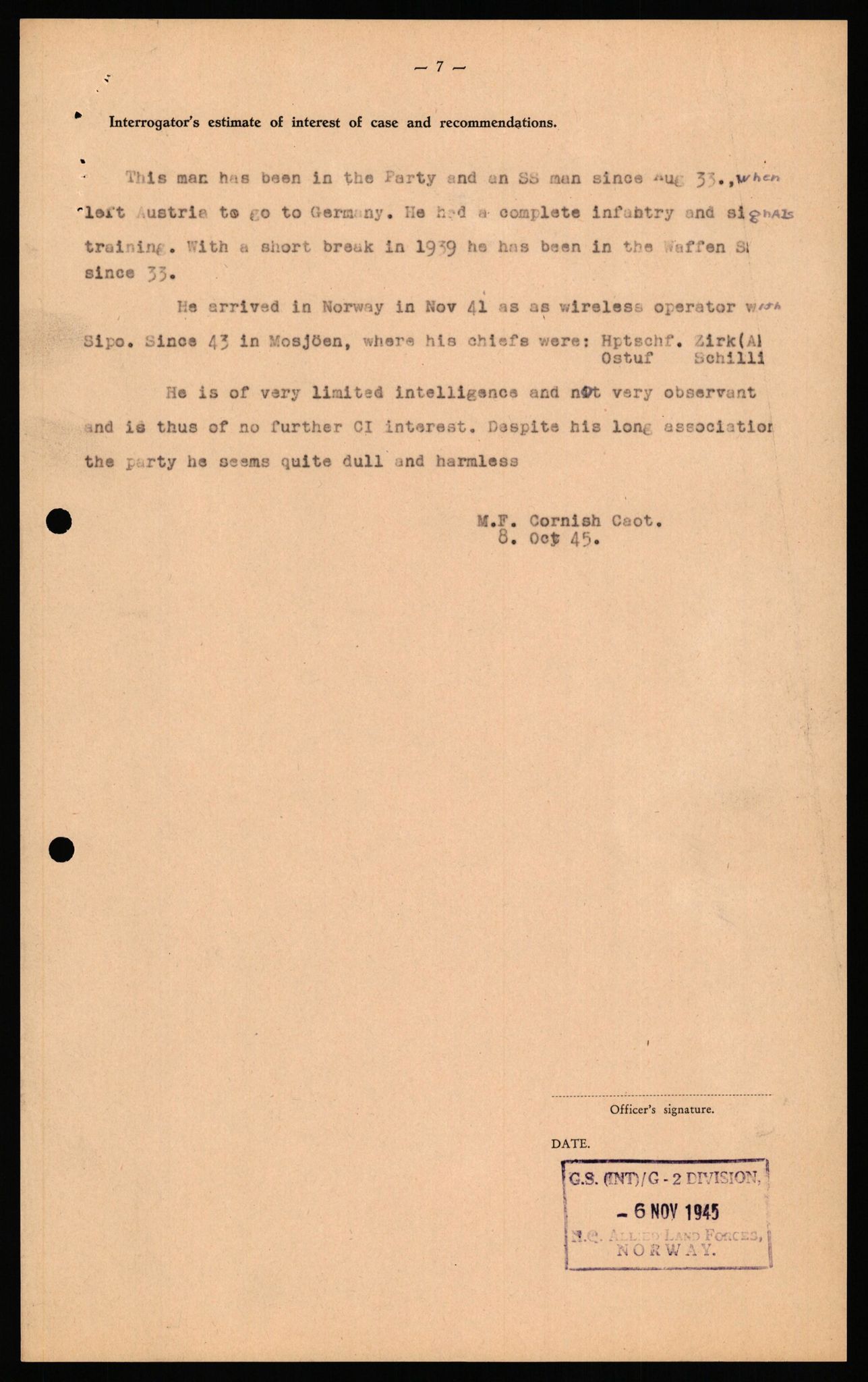 Forsvaret, Forsvarets overkommando II, AV/RA-RAFA-3915/D/Db/L0038: CI Questionaires. Tyske okkupasjonsstyrker i Norge. Østerrikere., 1945-1946, p. 301