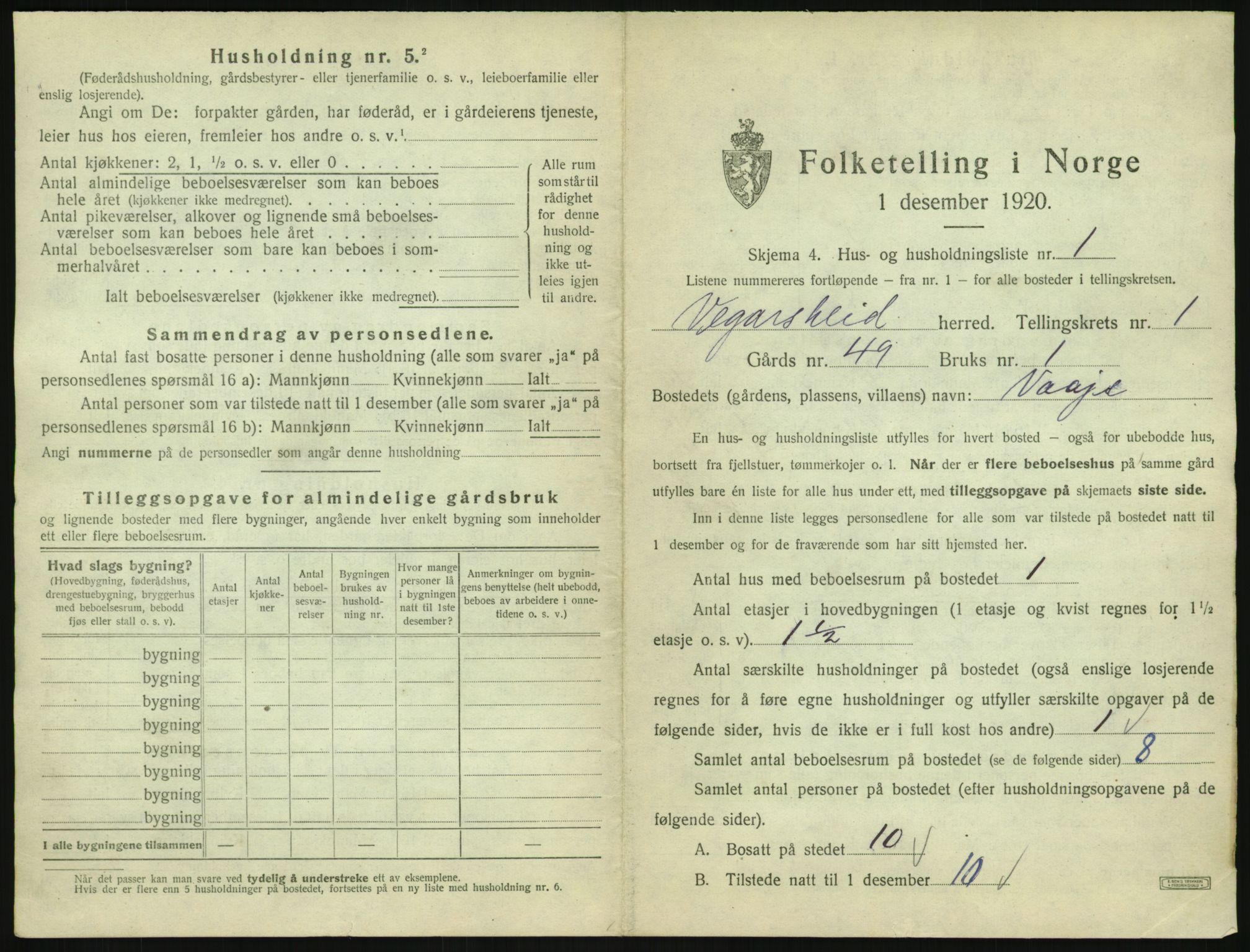 SAK, 1920 census for Vegårshei, 1920, p. 52