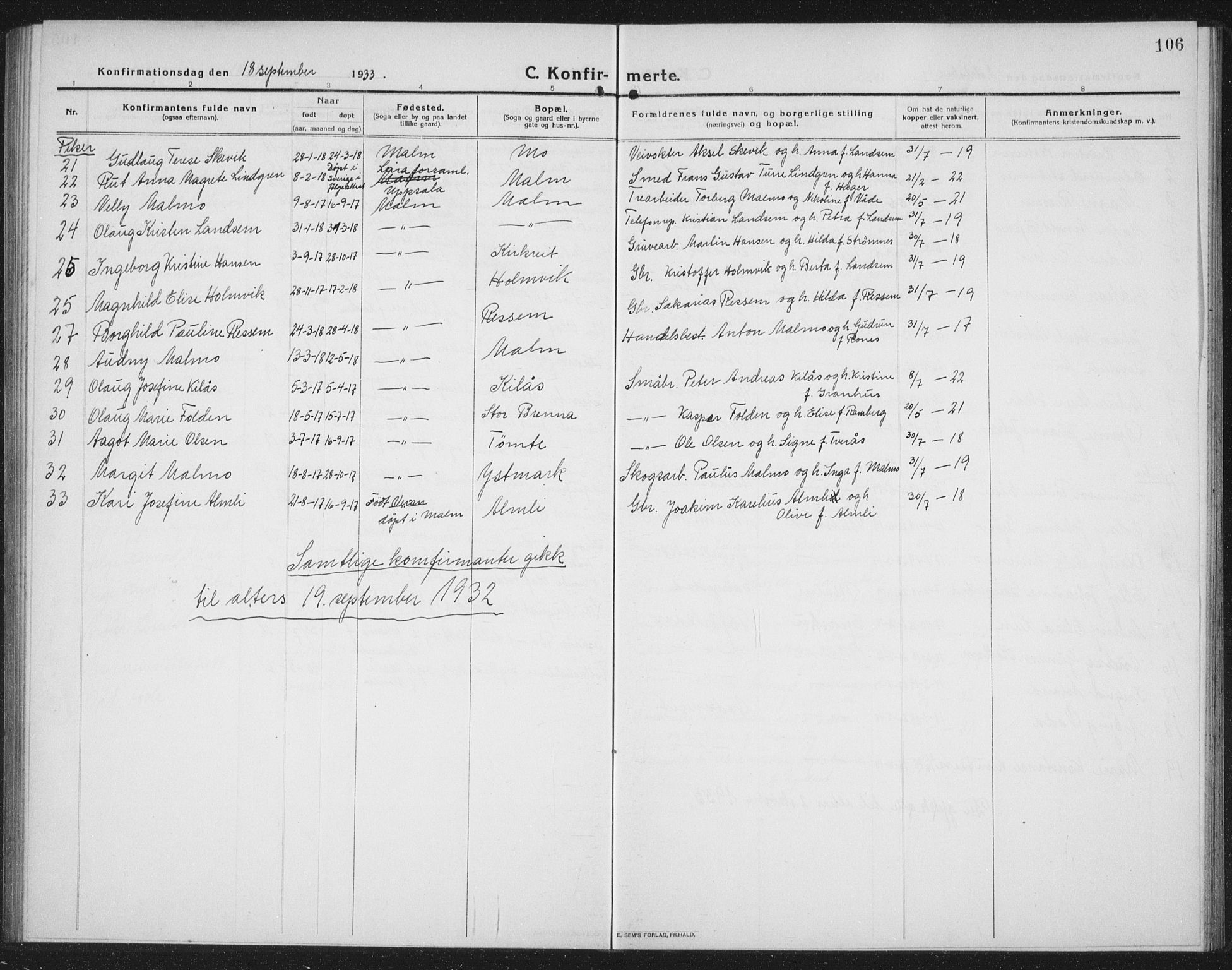 Ministerialprotokoller, klokkerbøker og fødselsregistre - Nord-Trøndelag, SAT/A-1458/745/L0434: Parish register (copy) no. 745C03, 1914-1937, p. 106