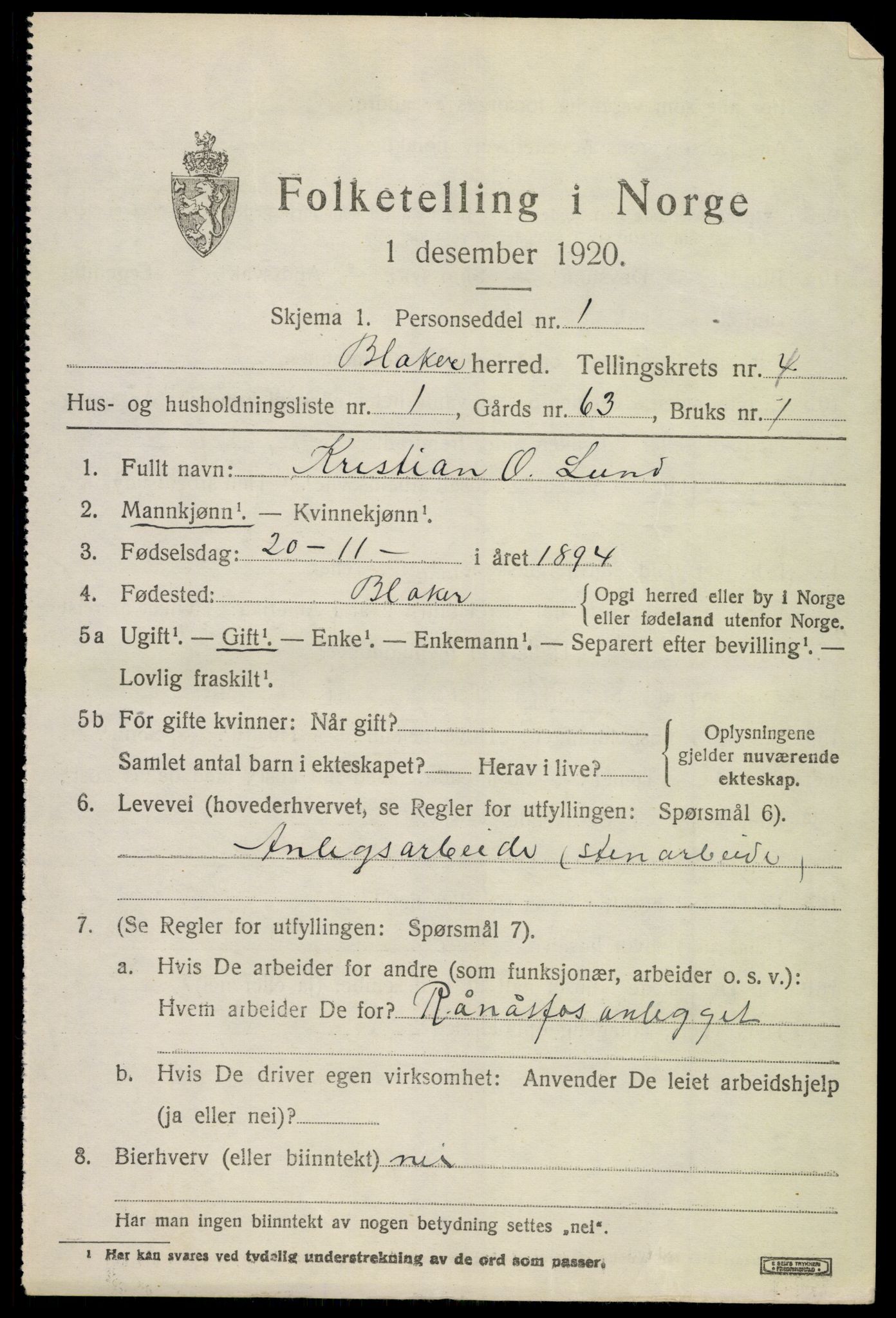 SAO, 1920 census for Blaker, 1920, p. 3079