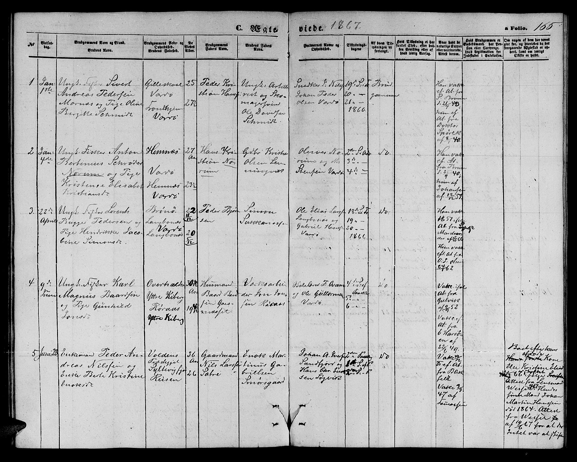 Vardø sokneprestkontor, SATØ/S-1332/H/Hb/L0002klokker: Parish register (copy) no. 2, 1861-1870, p. 165