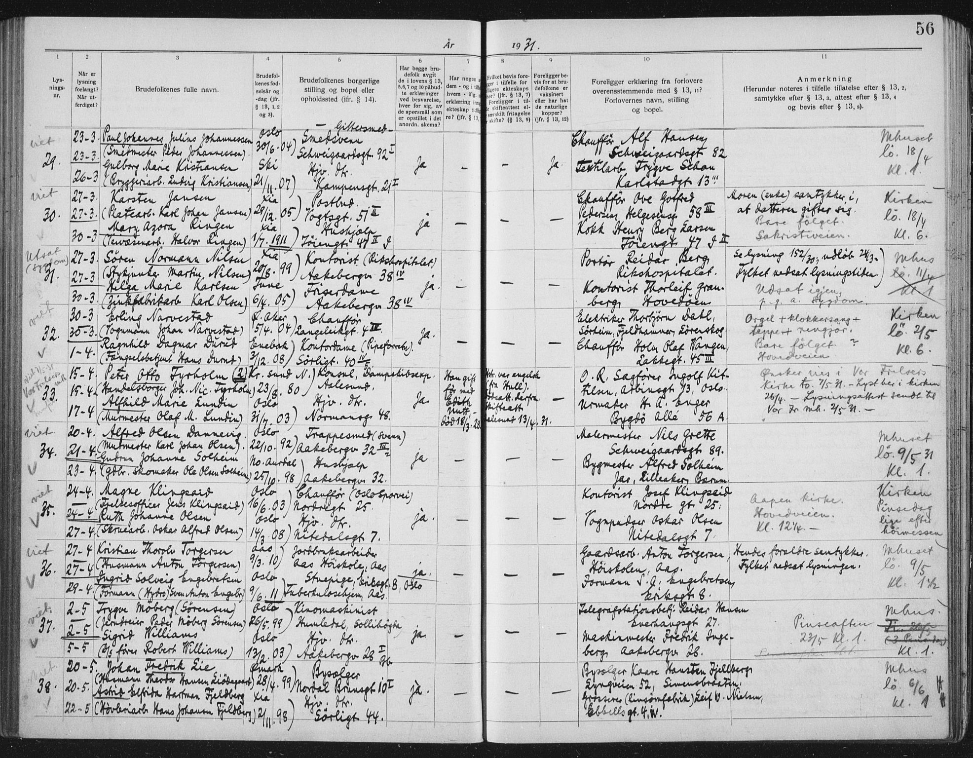 Kampen prestekontor Kirkebøker, AV/SAO-A-10853/H/Ha/L0006: Banns register no. 6, 1927-1935, p. 56