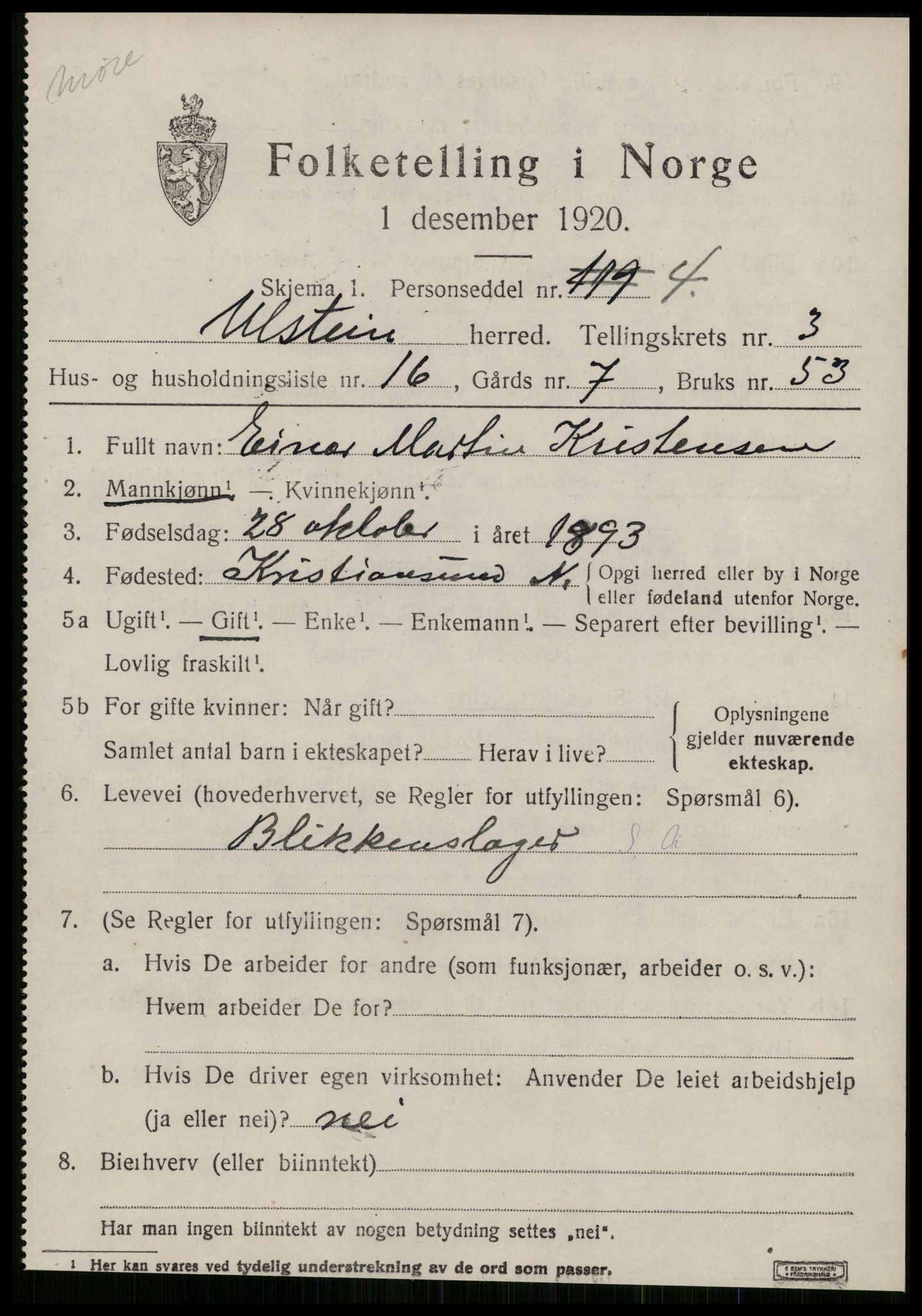 SAT, 1920 census for Ulstein, 1920, p. 1858