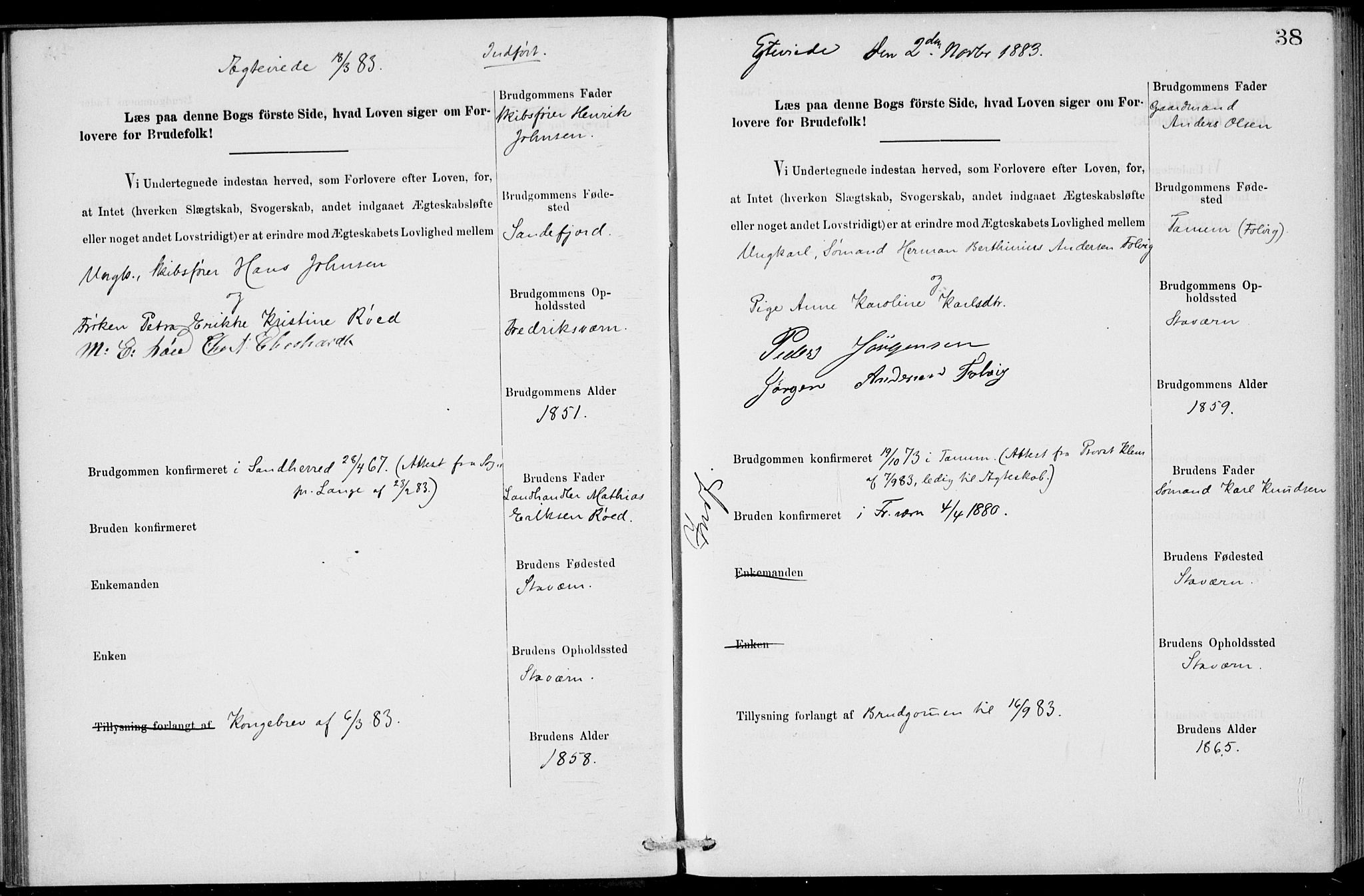 Stavern kirkebøker, SAKO/A-318/H/Ha/L0001: Banns register no. 1, 1875-1918, p. 38