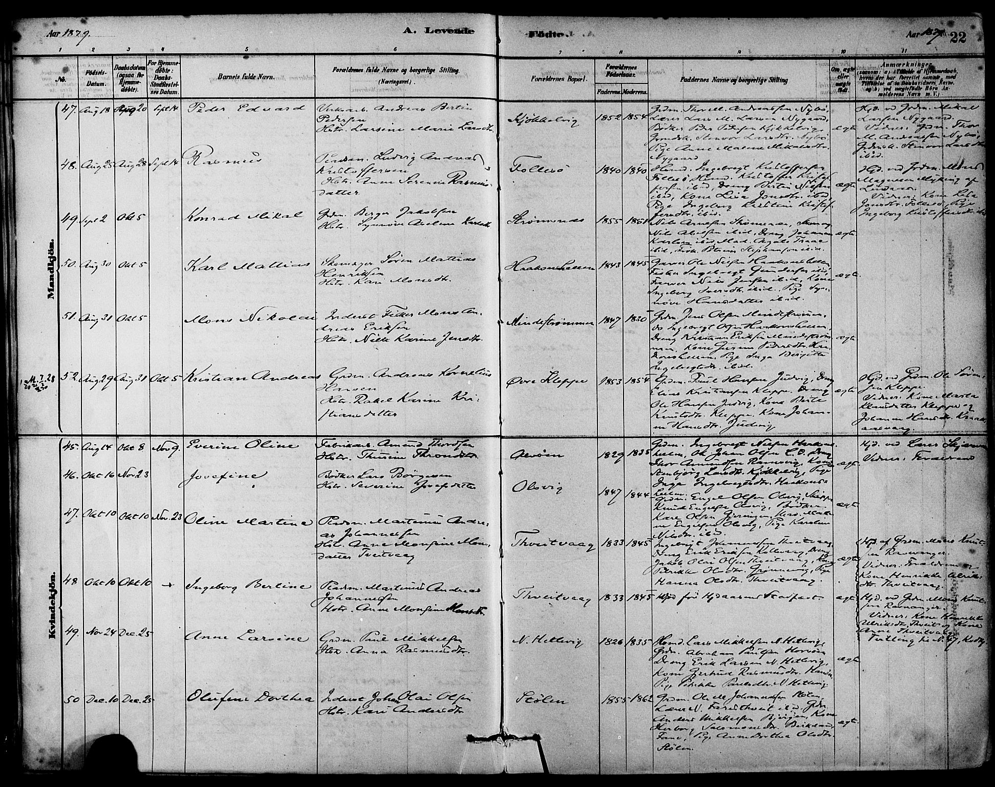 Askøy Sokneprestembete, AV/SAB-A-74101/H/Ha/Haa/Haab/L0001: Parish register (official) no. B 1, 1878-1889, p. 22