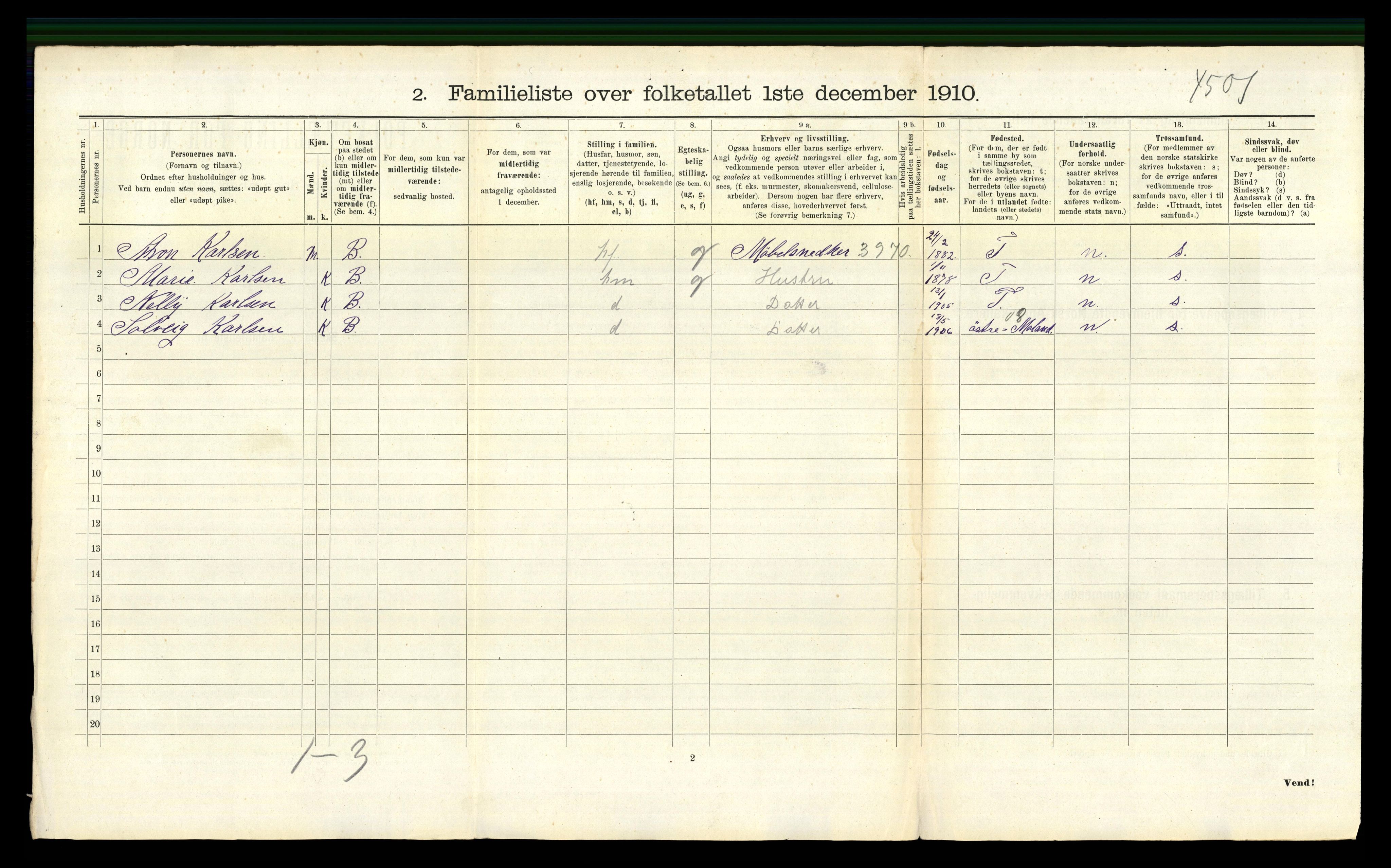 RA, 1910 census for Arendal, 1910, p. 5156