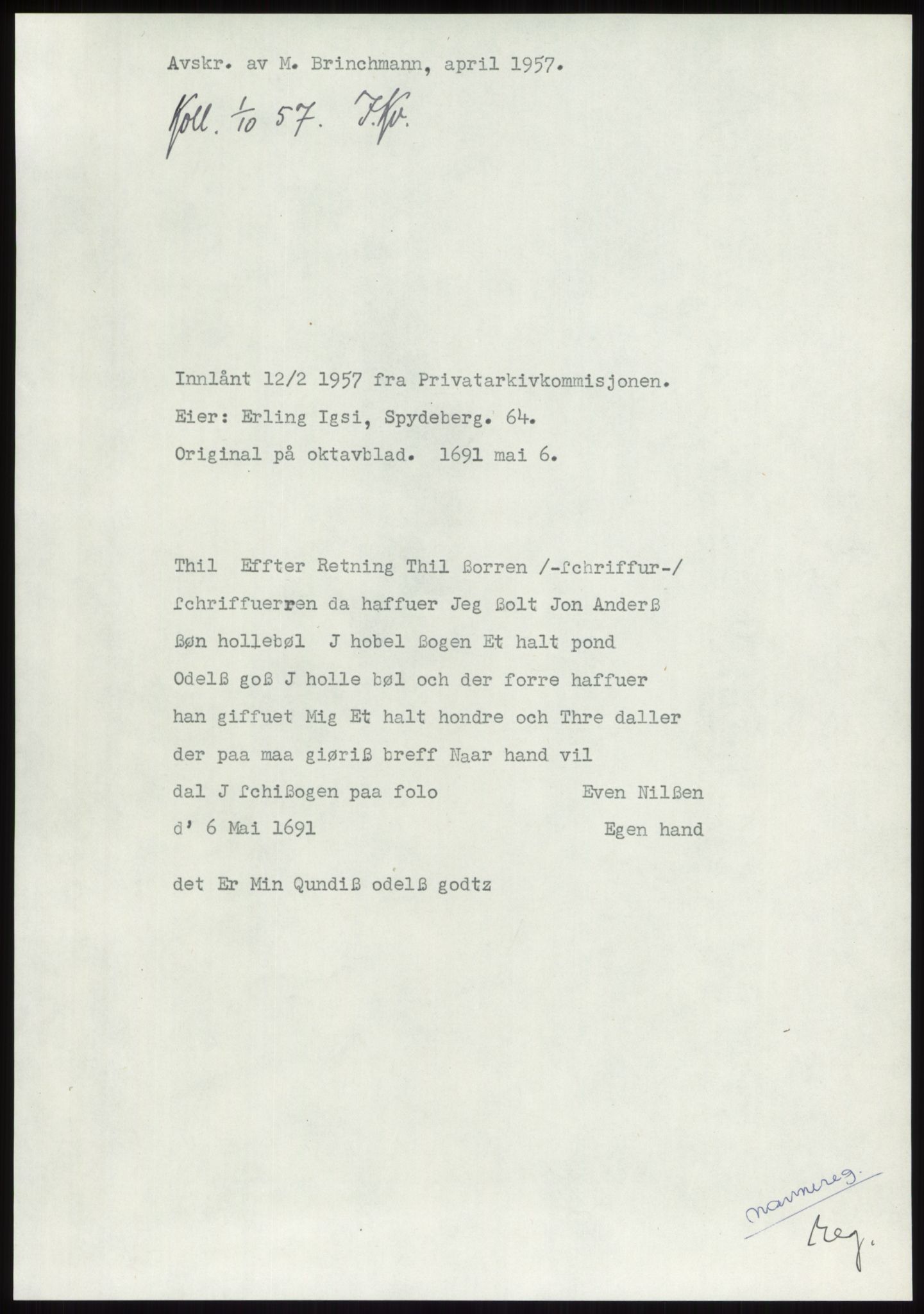 Samlinger til kildeutgivelse, Diplomavskriftsamlingen, RA/EA-4053/H/Ha, p. 460